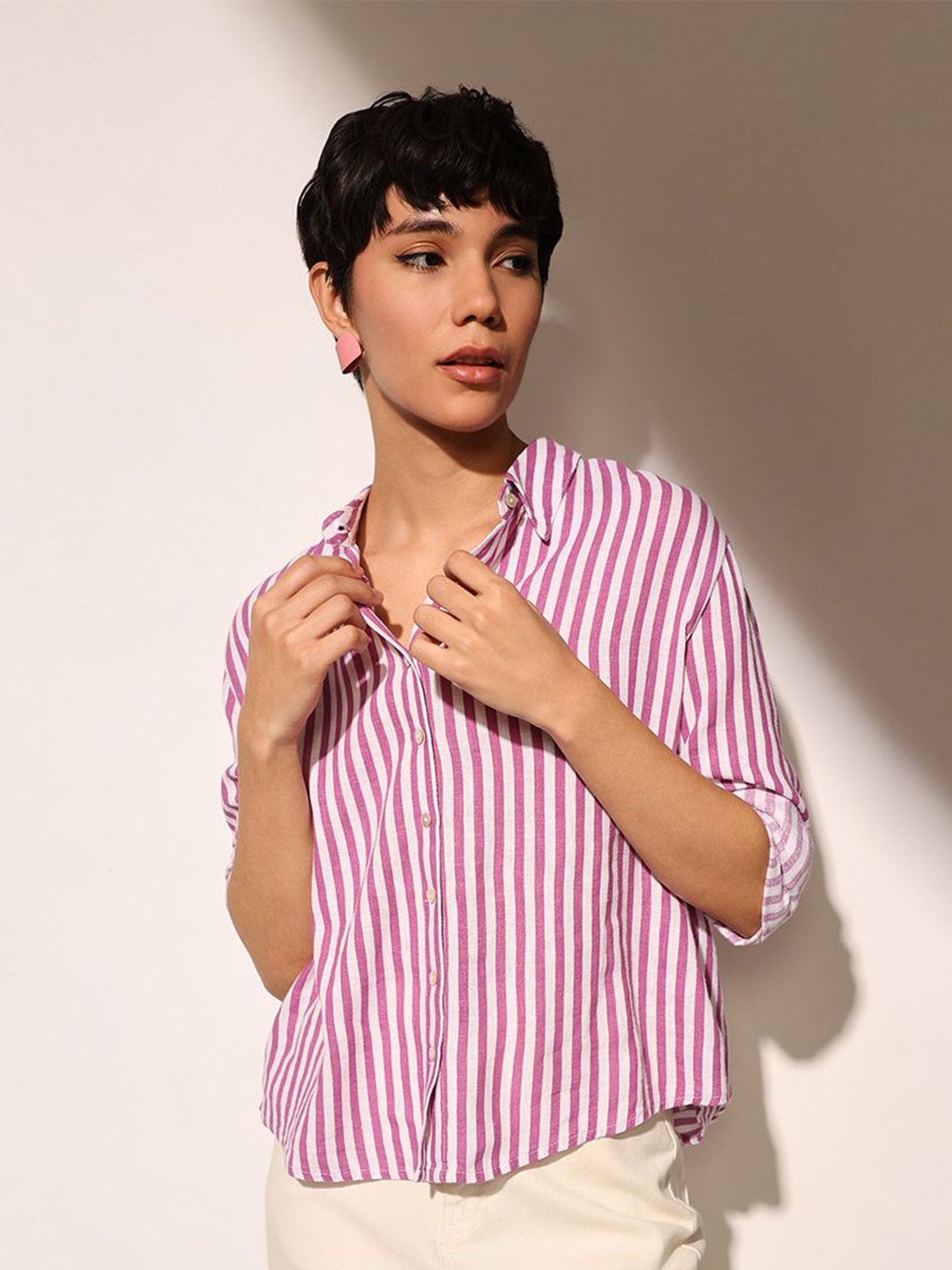 

ONLY Women Opaque Striped Casual Shirt, Pink