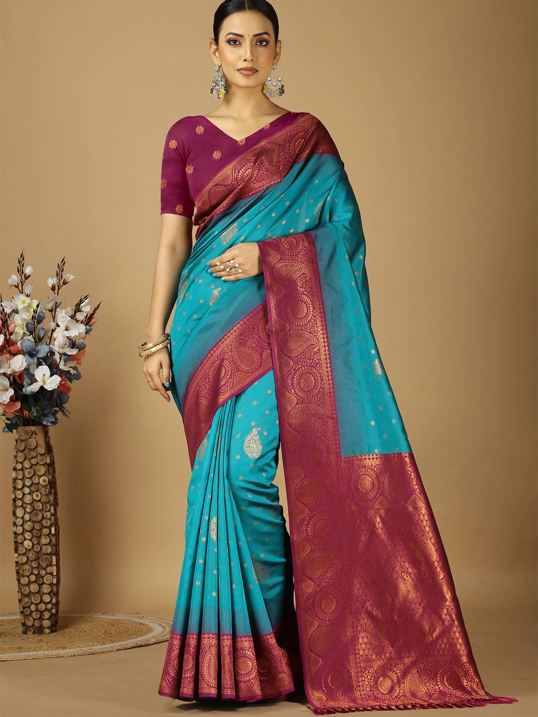 

HERE&NOW Woven Design Zari Art Silk Banarasi Saree, Turquoise blue
