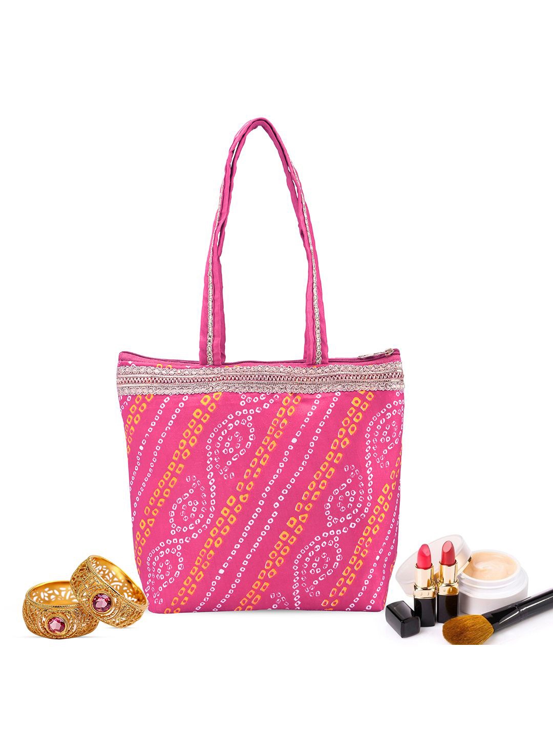 

Kuber Industries Structured Bandhej Print Women & Girls Shoulder Hand Bag, Pink