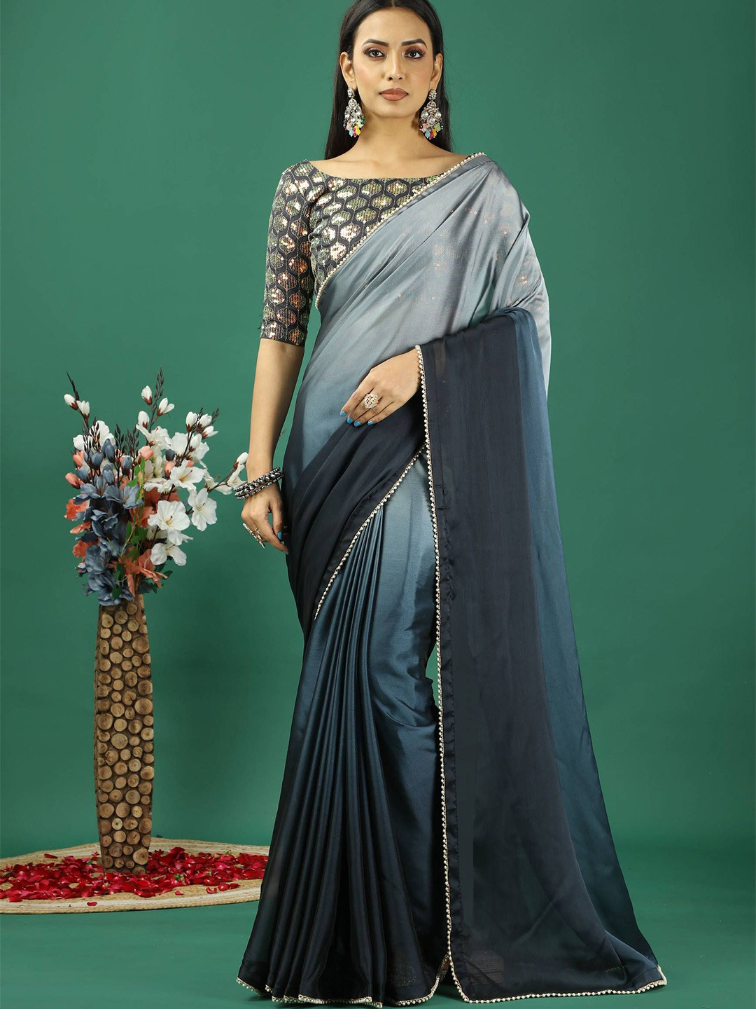 

HERE&NOW Ombre Beads and Stones Satin Banarasi Saree, Blue