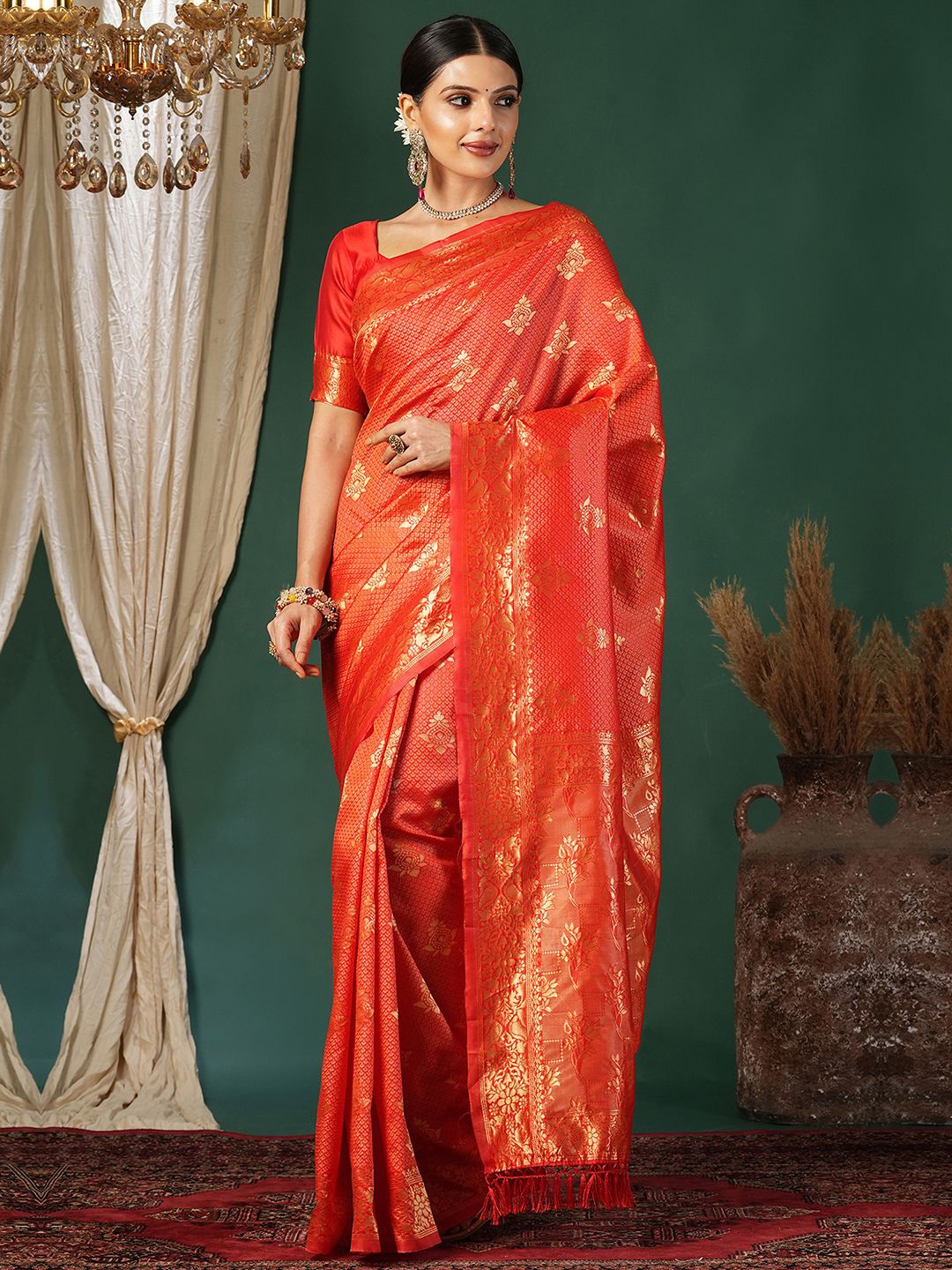 

KALINI Woven Design Zari Pure Silk Banarasi Saree, Red