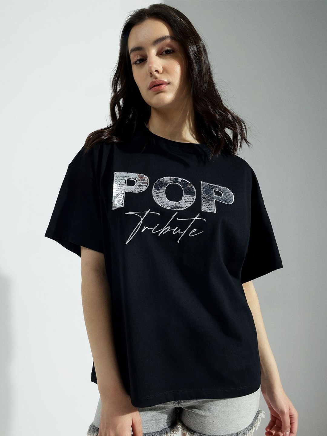 

H&M Women Embellished Tee, Black