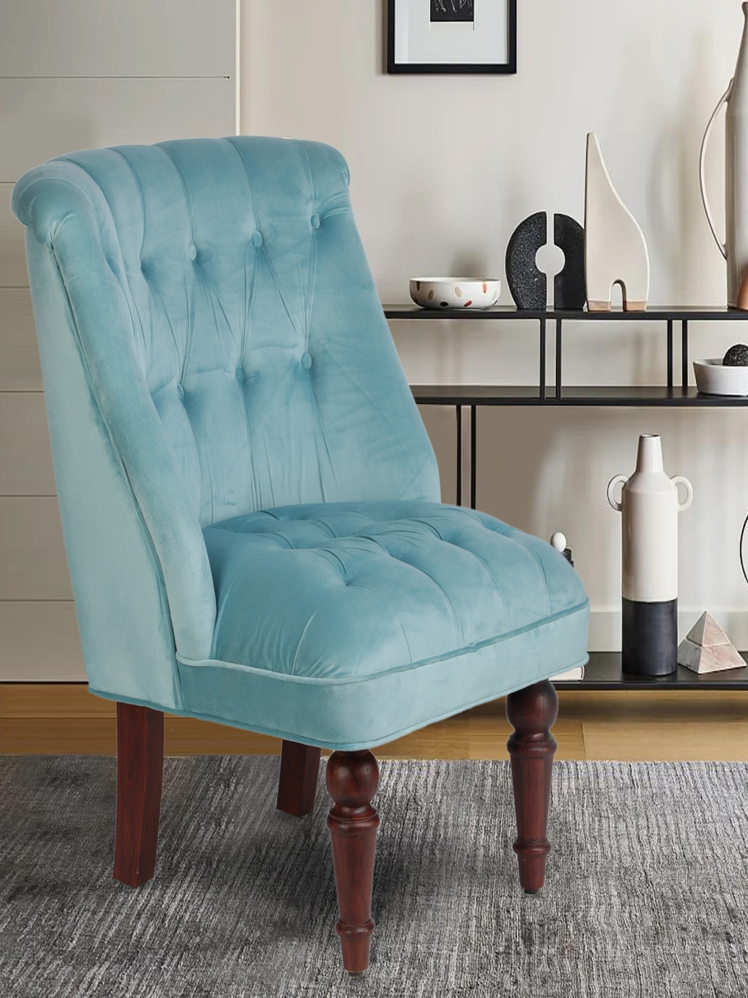 

GLOBALLY INDIAN Blue & Brown Wooden Accent -Style Lounge Chair