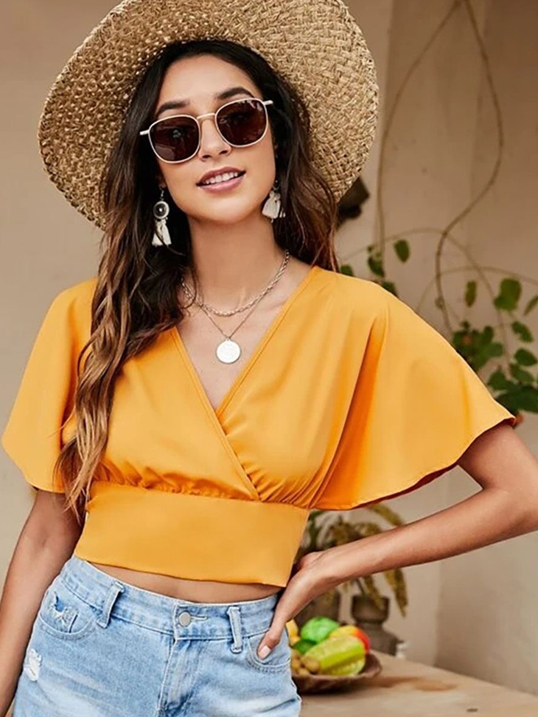 

JC Mode Flared Sleeve Wrap Crop Top, Yellow