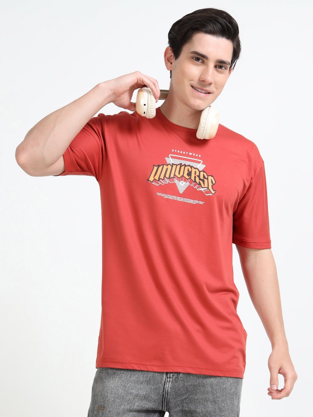 

QUCO Poly Stretch Round Neck Printed Half Sleeve T-Shirt, Red