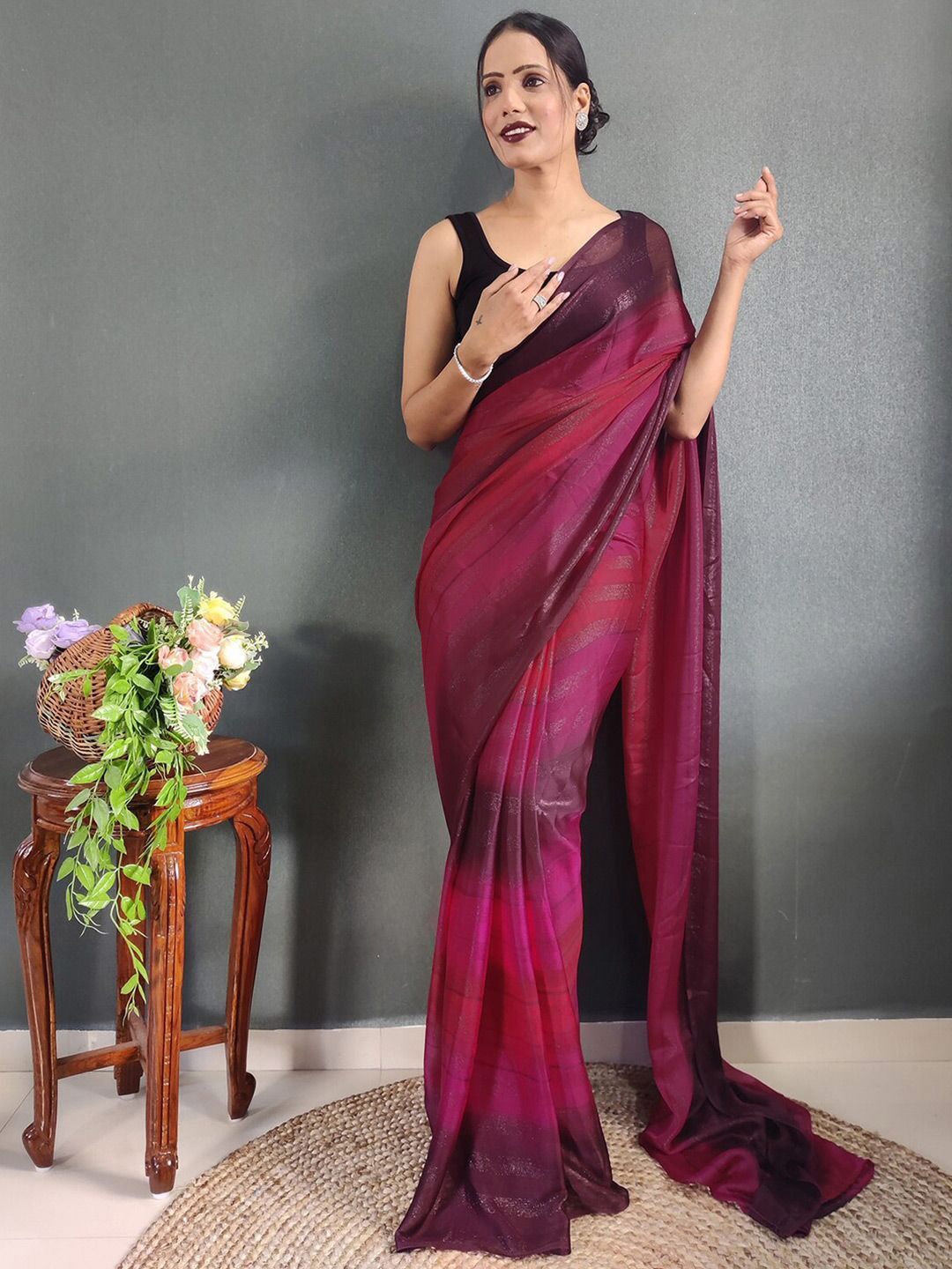 

DIVASTRI Striped Zari Pure Georgette Saree, Purple