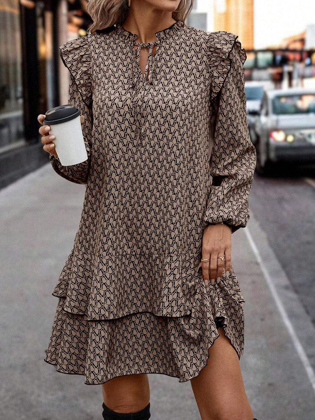 

JC Mode Print Tie-Up Neck Puff Sleeve A-Line Dress, Brown