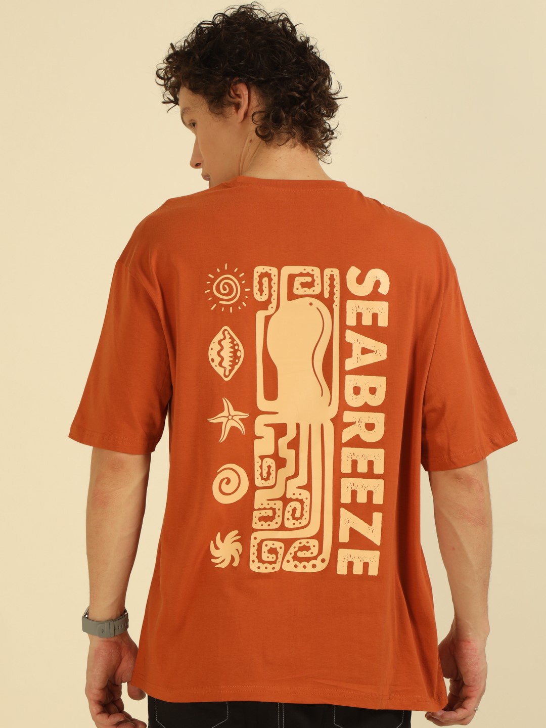 

Mast & Harbour Men Printed Drop-Shoulder Sleeves Bio Finish Applique T-shirt, Rust