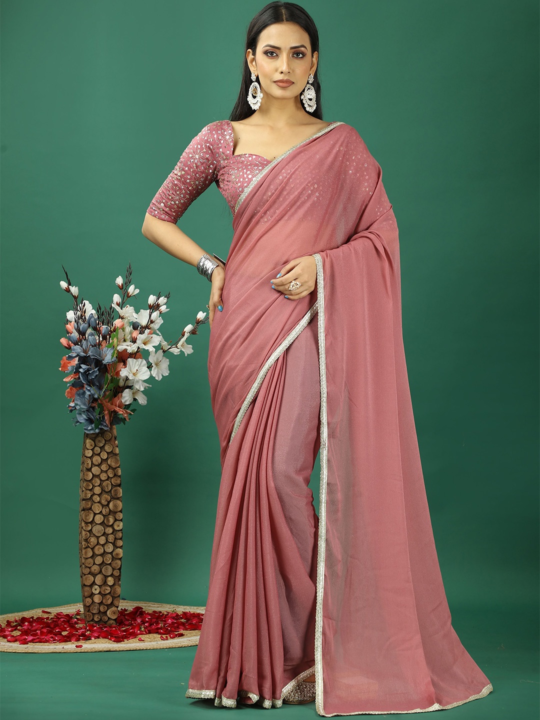 

HERE&NOW Embroidered Satin Banarasi Saree, Peach