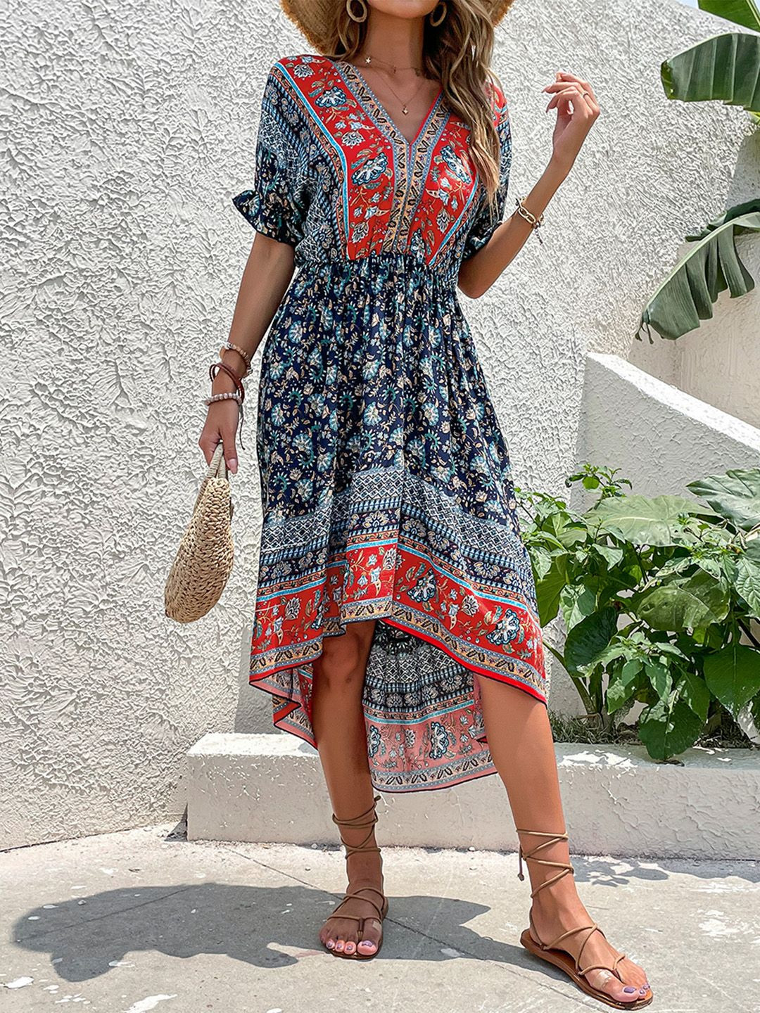 

JC Mode Floral Print Fit & Flare Dress, Navy blue