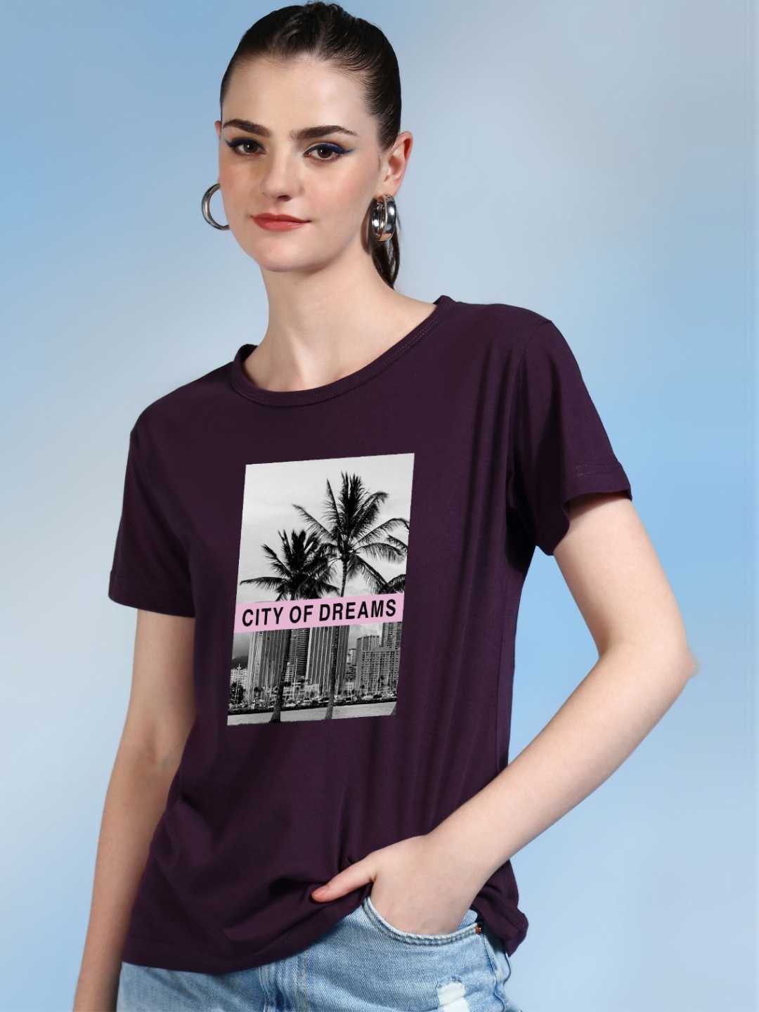 

Moda Rapido Women Printed Tropical Bio Finish Pockets T-shirt, Purple