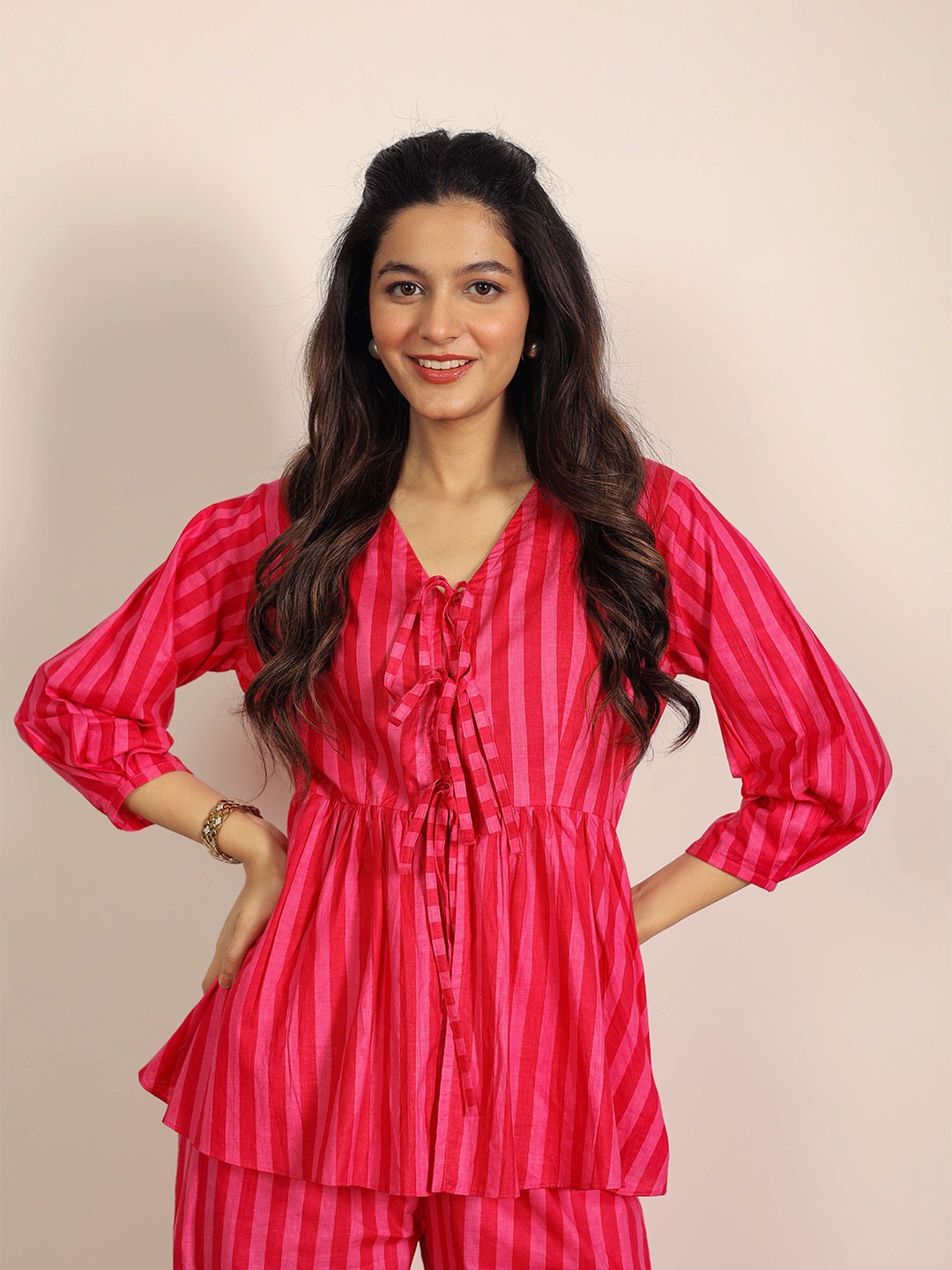 

KAORI BY SHREYA AGARWAL Striped Cotton Top, Red