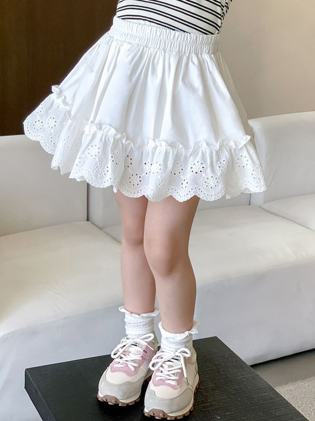 

LULU & SKY Girls Self Design Pure Cotton A-Line Mini Skirts, Off white
