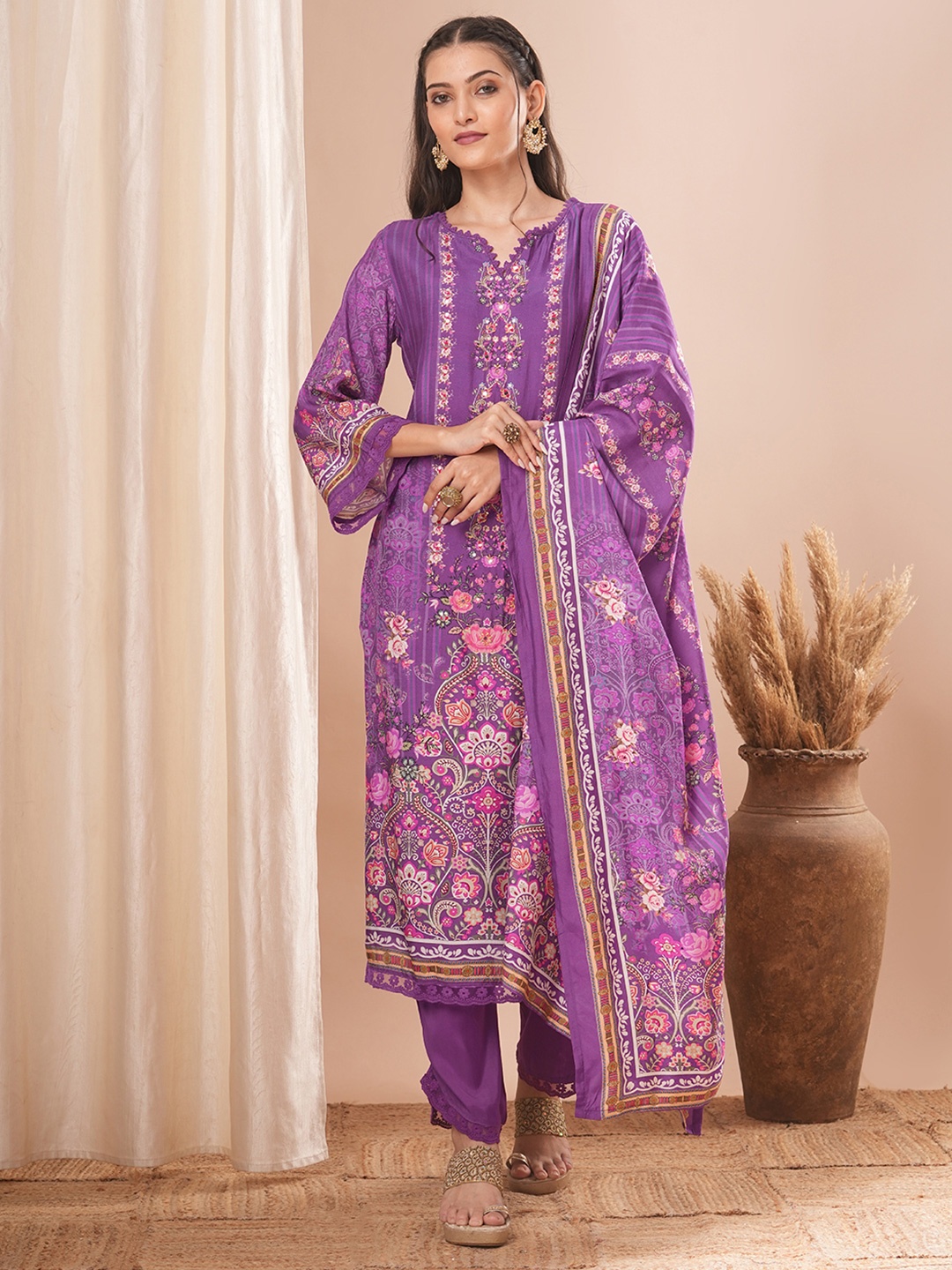 

FASHOR Women Ethnic Motifs Printed Regular Thread Work Kurta with Trousers & With Dupatta, Purple