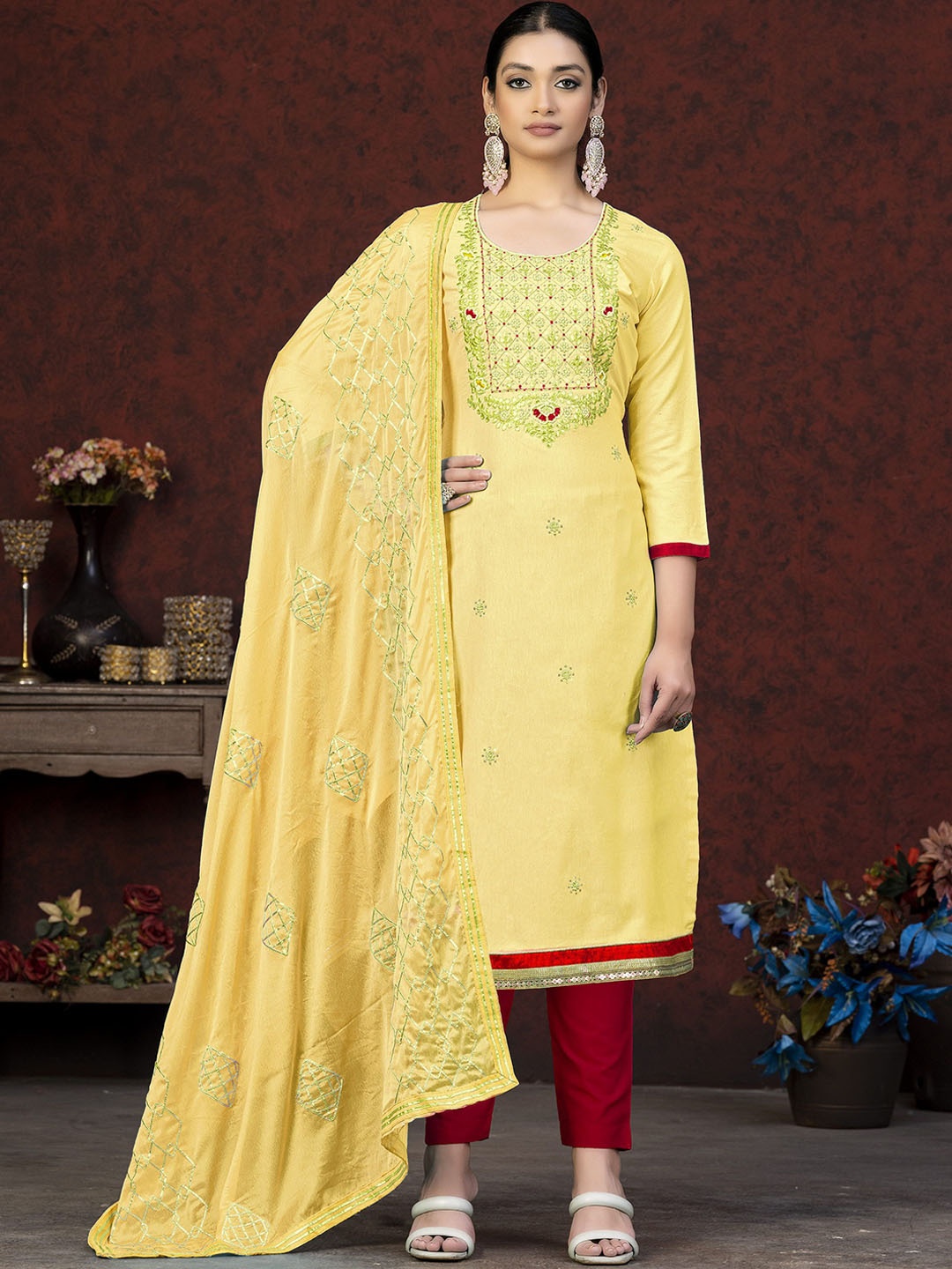 

SAINOOR Embellished Semi-Stitched Dress Material, Yellow