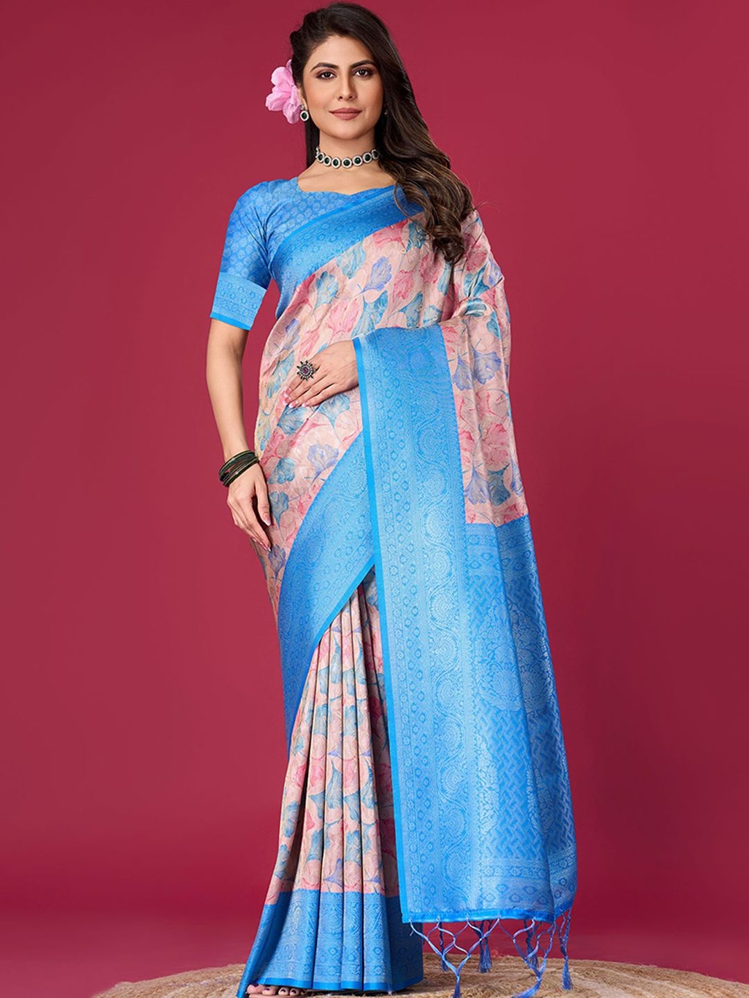 

Peachmode Floral Zari Pure Silk Saree, Blue