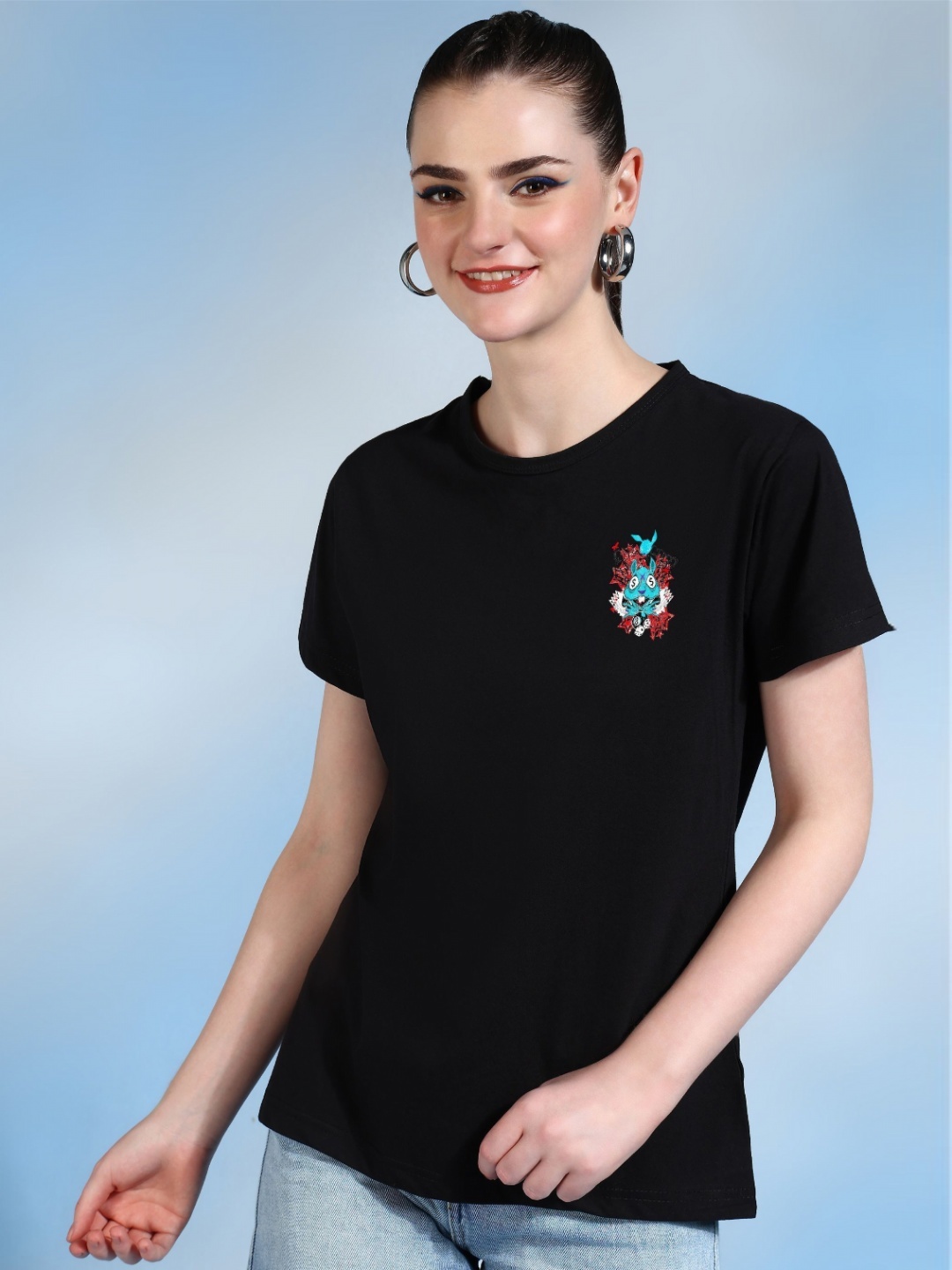 

Moda Rapido Women Printed Bio Finish Applique T-shirt, Black