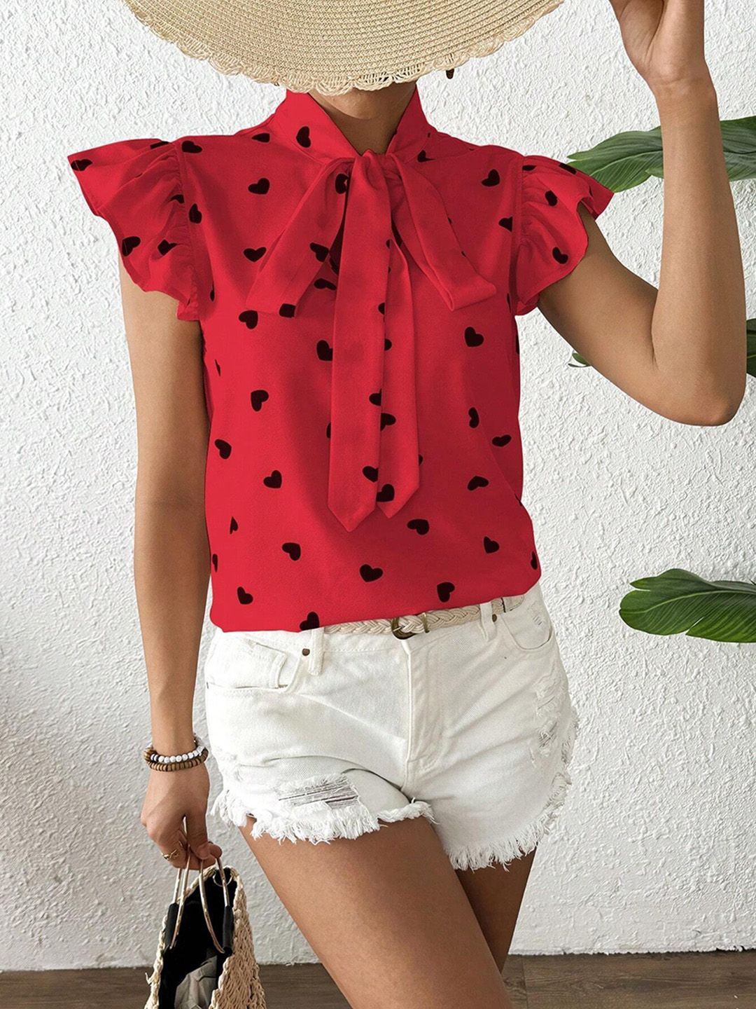 

JC Mode Polka Dot Print Puff Sleeve Top, Red