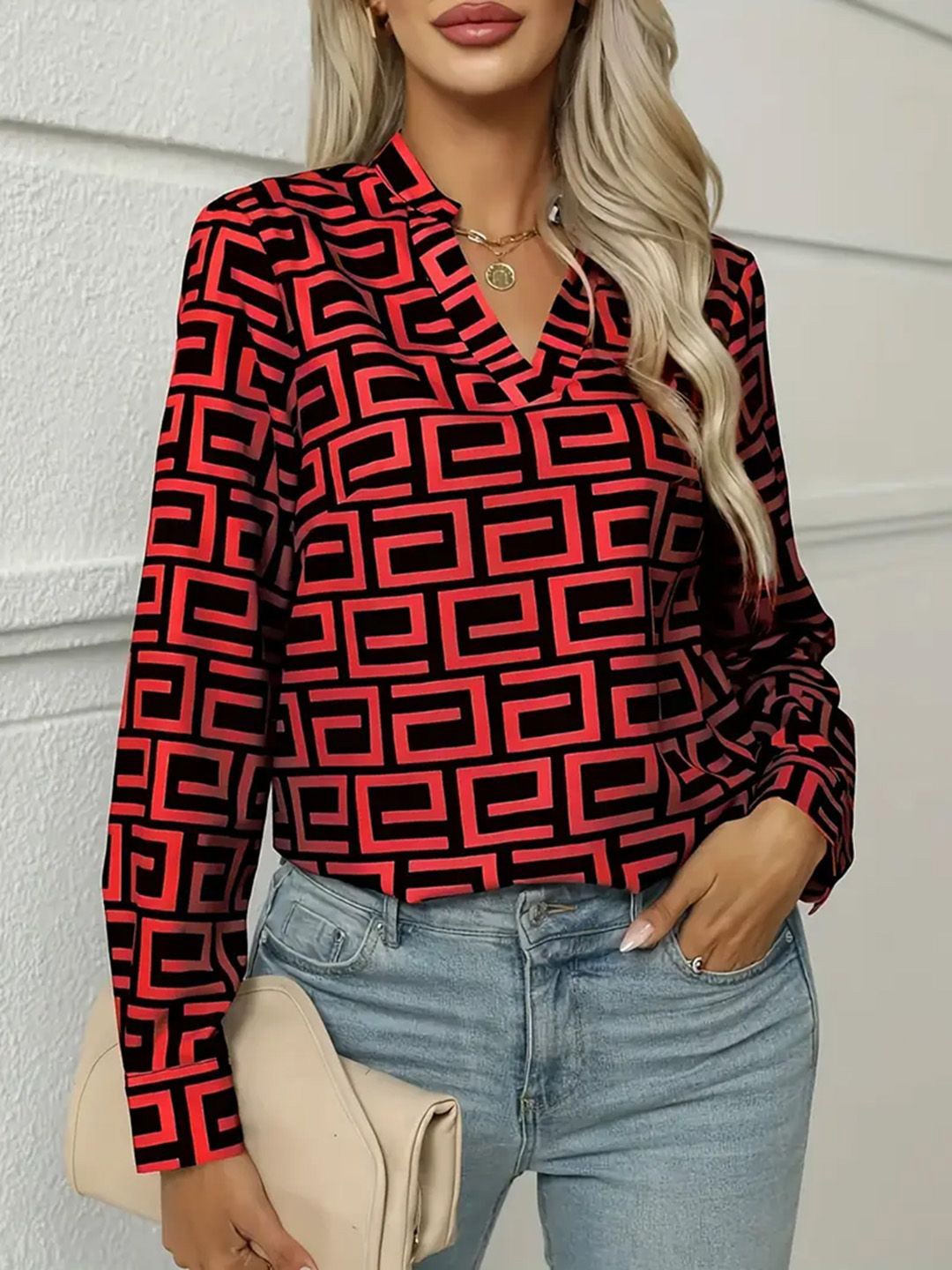 

JC Mode Geometric Print Tie-Up Neck Top, Red