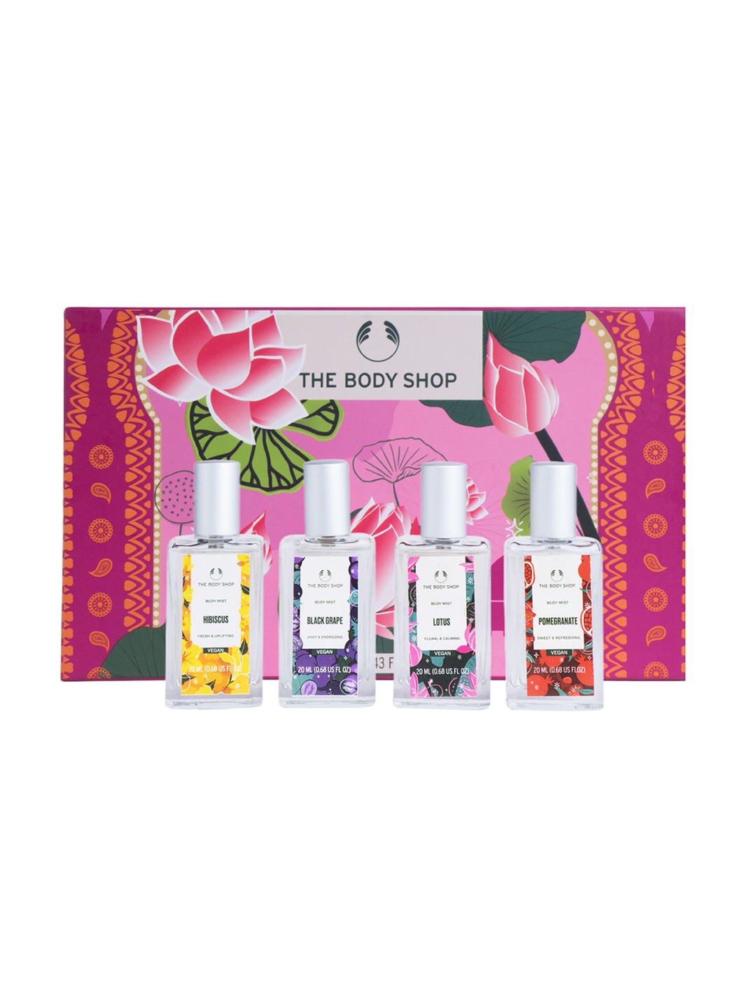 

THE BODY SHOP Set Of 4 Black Grape Lotus Hibiscus Pomegranate Body Mist Gift Set 20ml Each, White