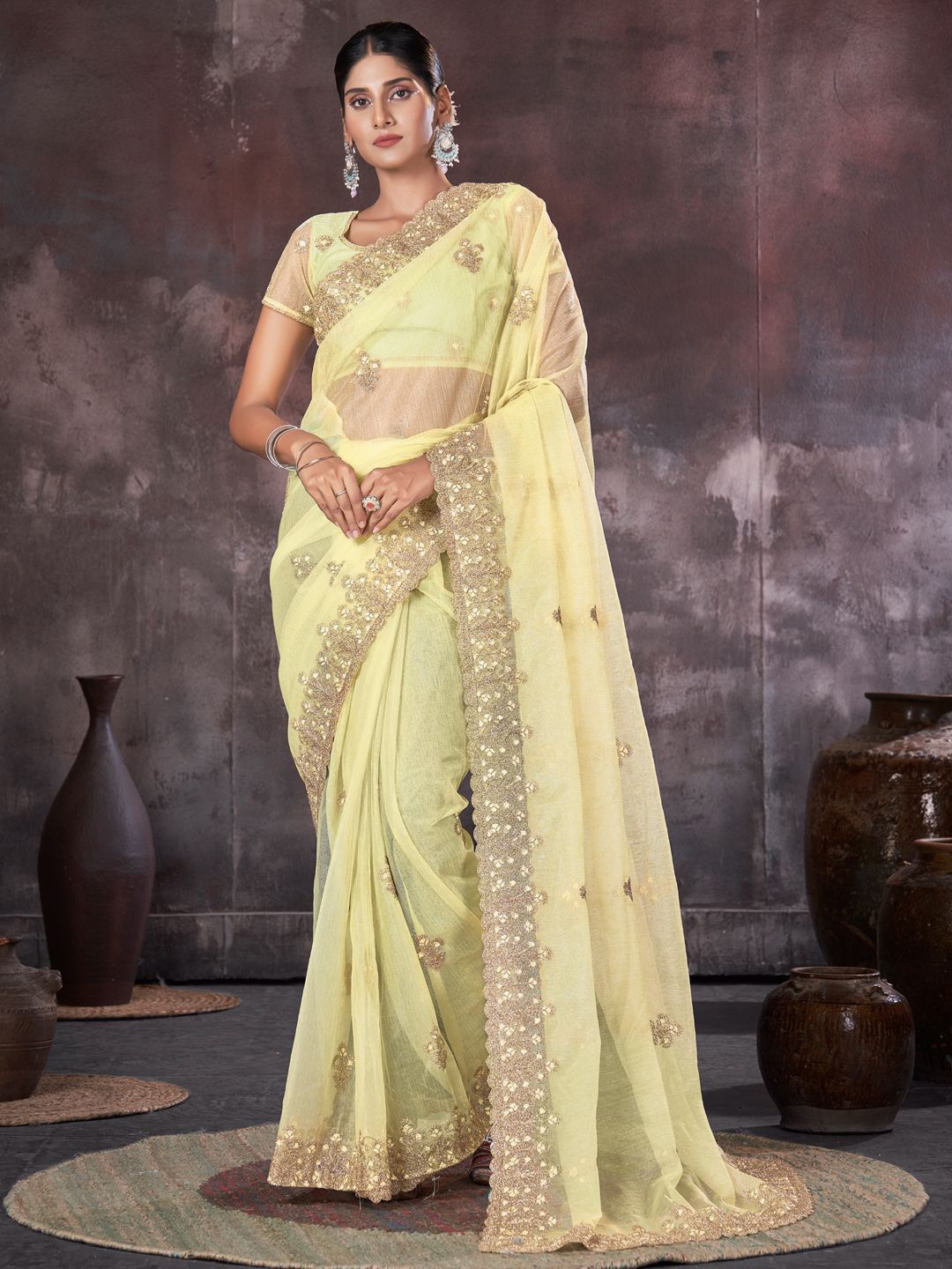 

LeeliPeeri Designer Floral Embroidered Organza Saree, Yellow