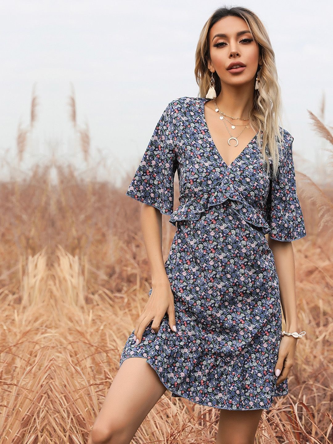 

JC Mode Floral Print Flared Sleeve Dress, Navy blue