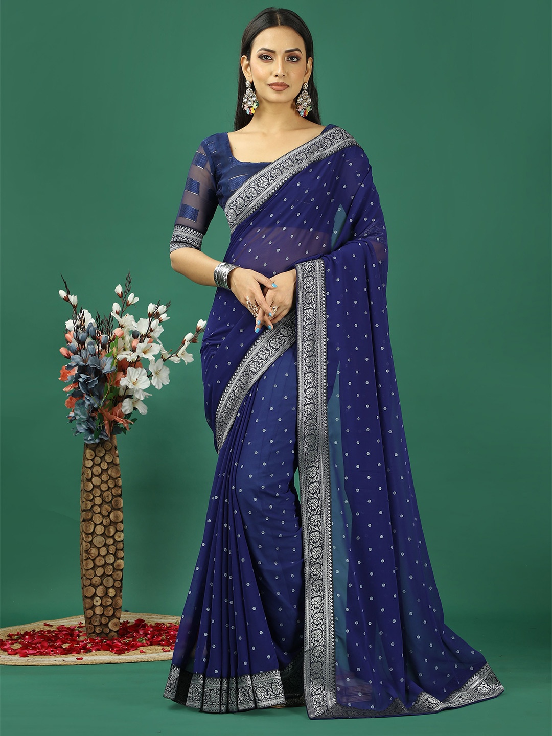 

DIVASTRI Woven Design Zari Pure Georgette Banarasi Saree, Blue