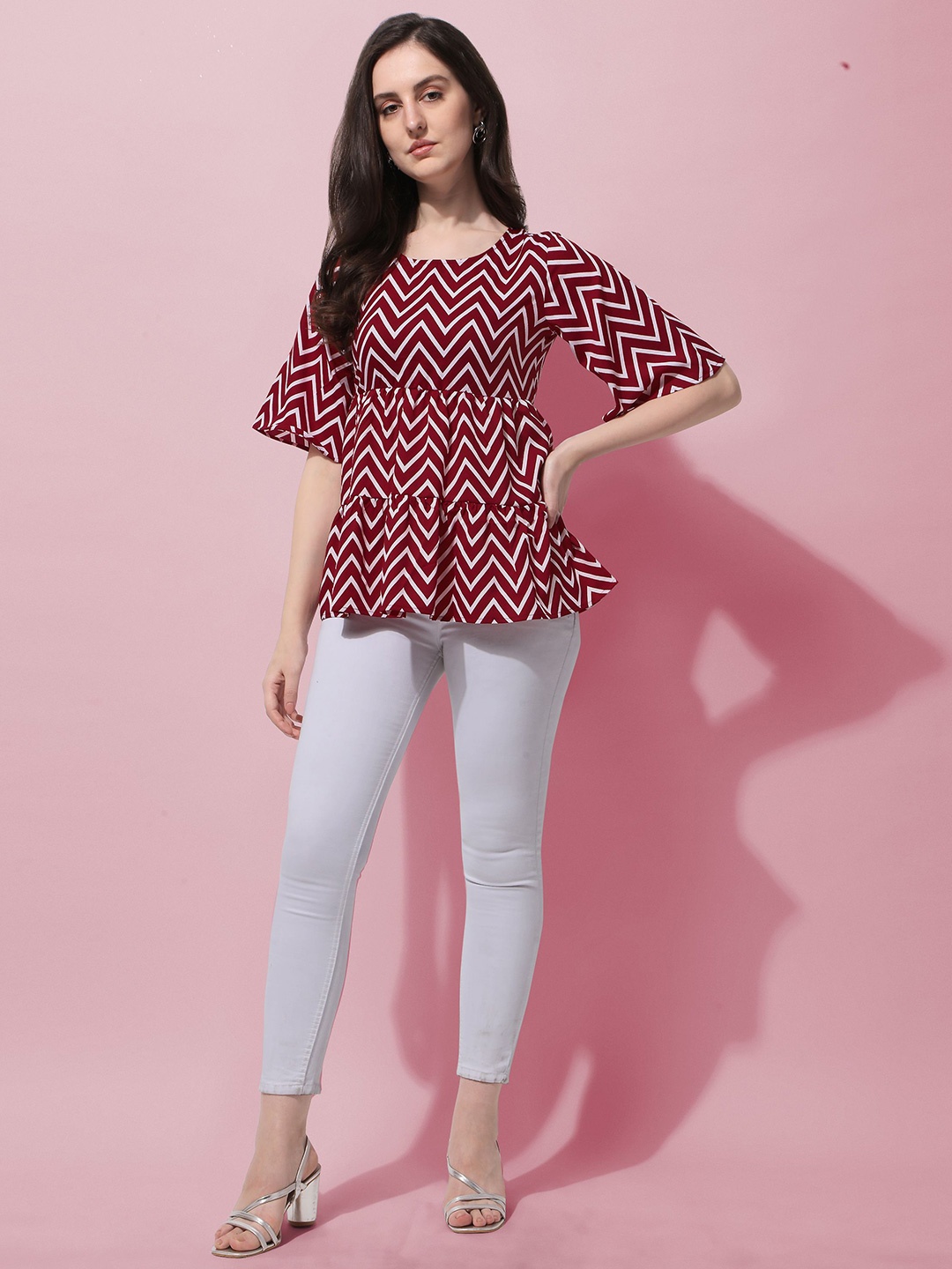 

Chemistry Geometric Print Crepe Peplum Top, Red