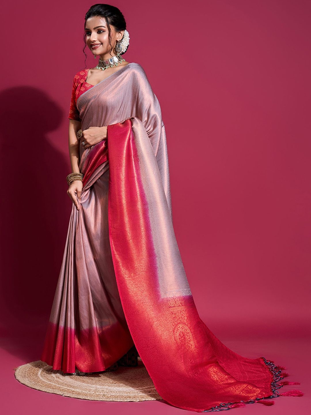 

Peachmode Woven Design Zari Silk Blend Kanjeevaram Saree, Purple