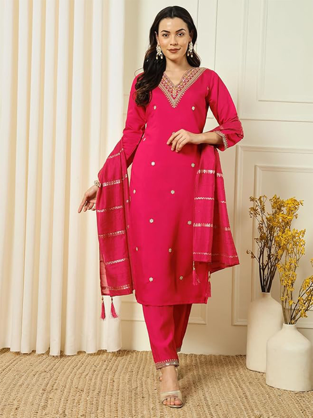 

KOTRONS Women Ethnic Motifs Embroidered Regular Thread Work Chanderi Silk Kurta with Trousers & With Dupatta, Red