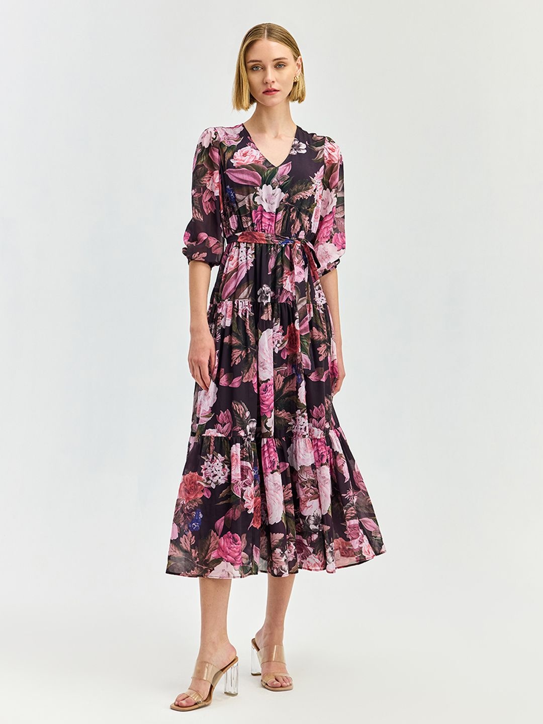 

COVER STORY Floral Print Chiffon Fit & Flare Midi Dress, Maroon