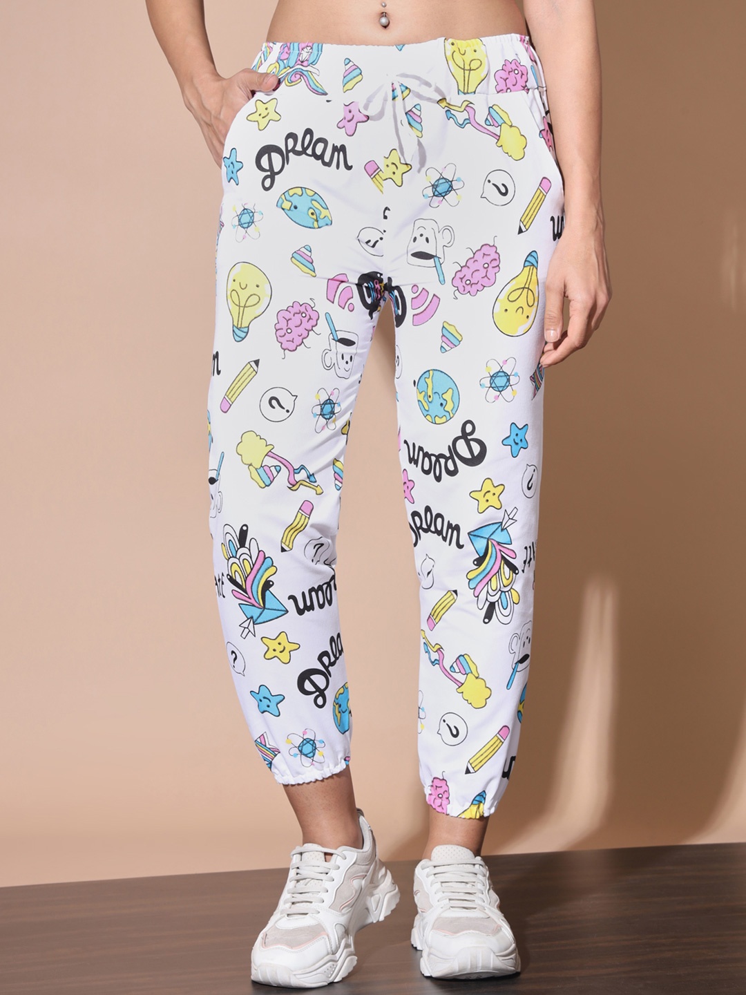 

DIMPY GARMENTS Women Tie and Dye Printed Comfort Slim Fit Joggers Trousers, White