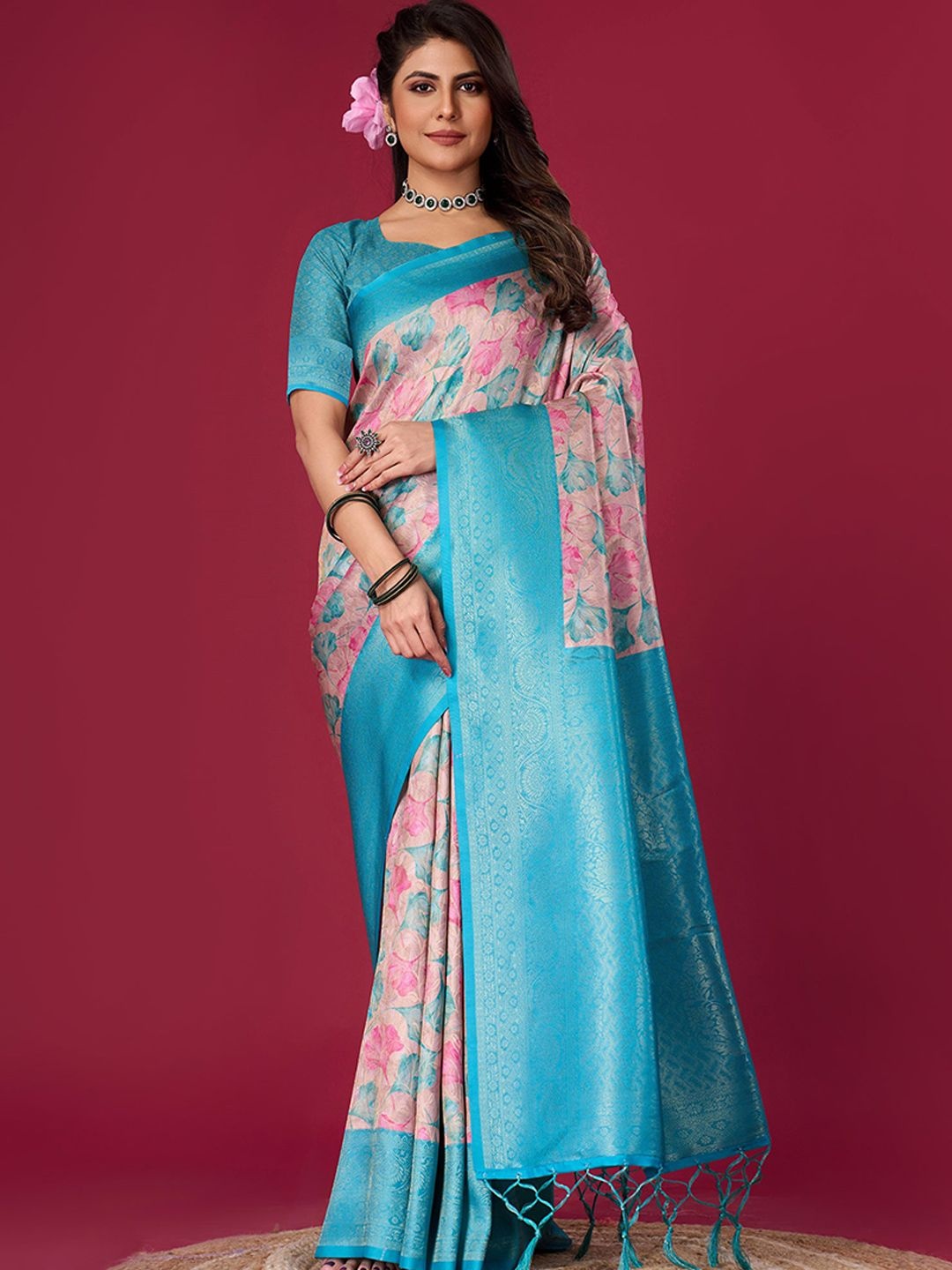 

Peachmode Floral Zari Pure Silk Saree, Turquoise blue