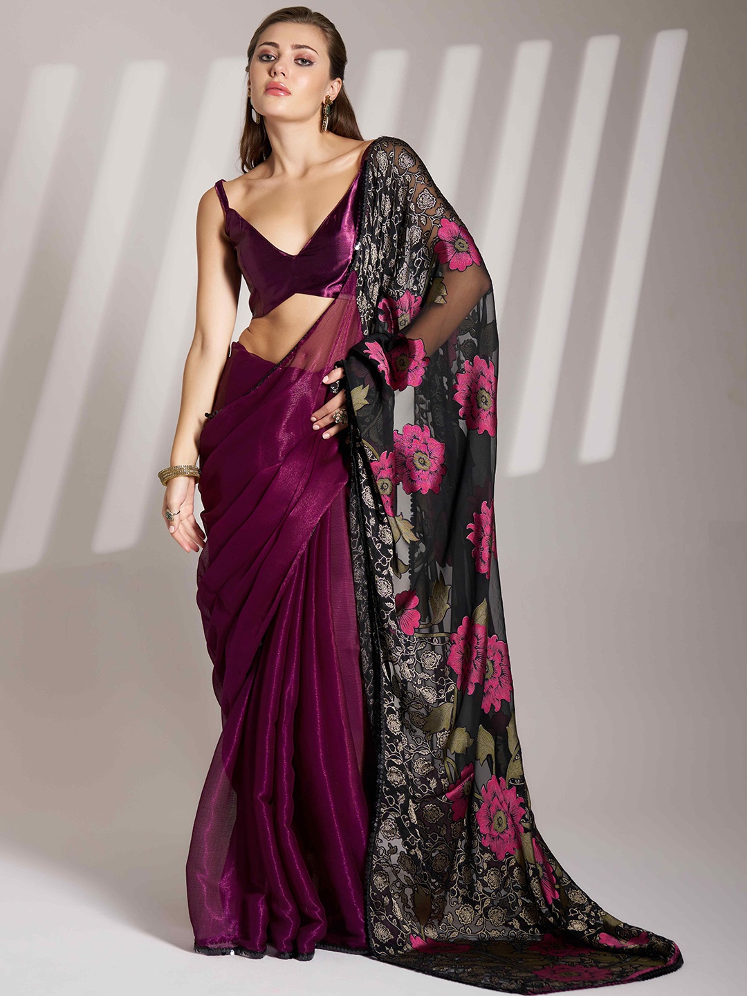 

HERE&NOW Sequinned Pure Chiffon Tussar Saree, Purple