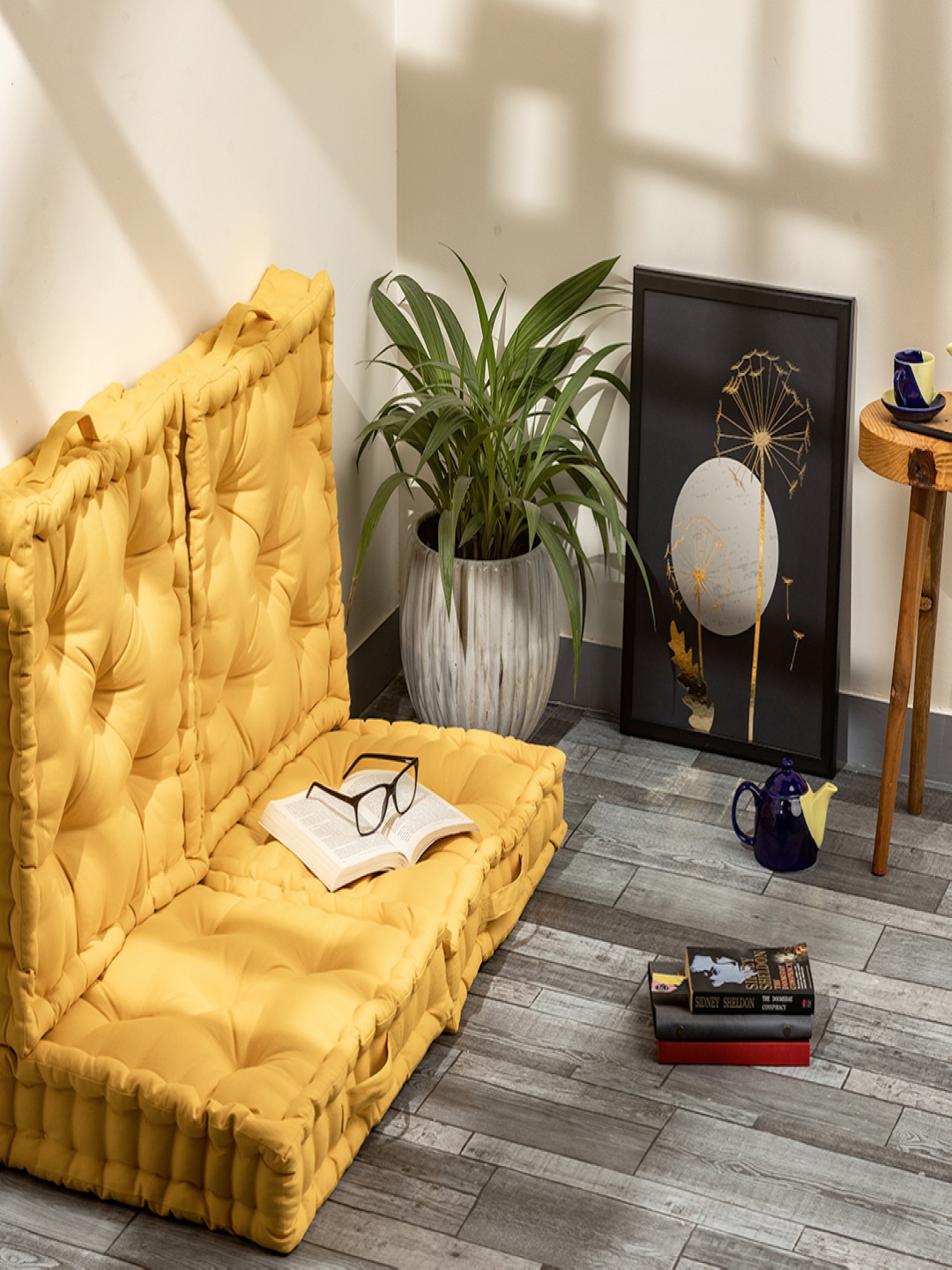 

SKANDA FAB 4-pcs Mustard Yellow Pure Cotton Square-Shaped Floor Cushion
