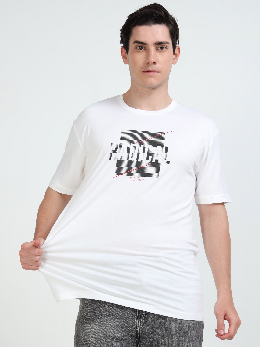 

QUCO Poly Stretch Round Neck Printed Half Sleeve T-Shirt, White