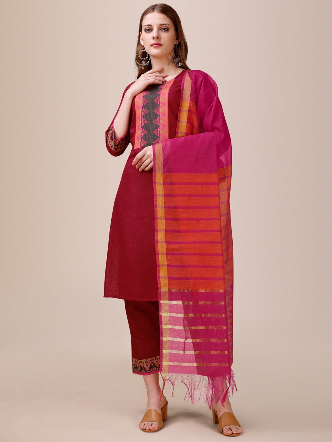 

Moda Rapido Women Yoke Design Regular Kurta with Trousers & With Dupatta, Maroon