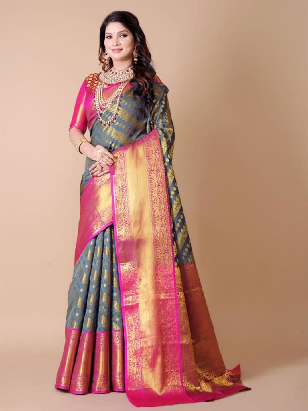 

AKSH FASHION Woven Design Zari Silk Blend Banarasi Saree, Grey