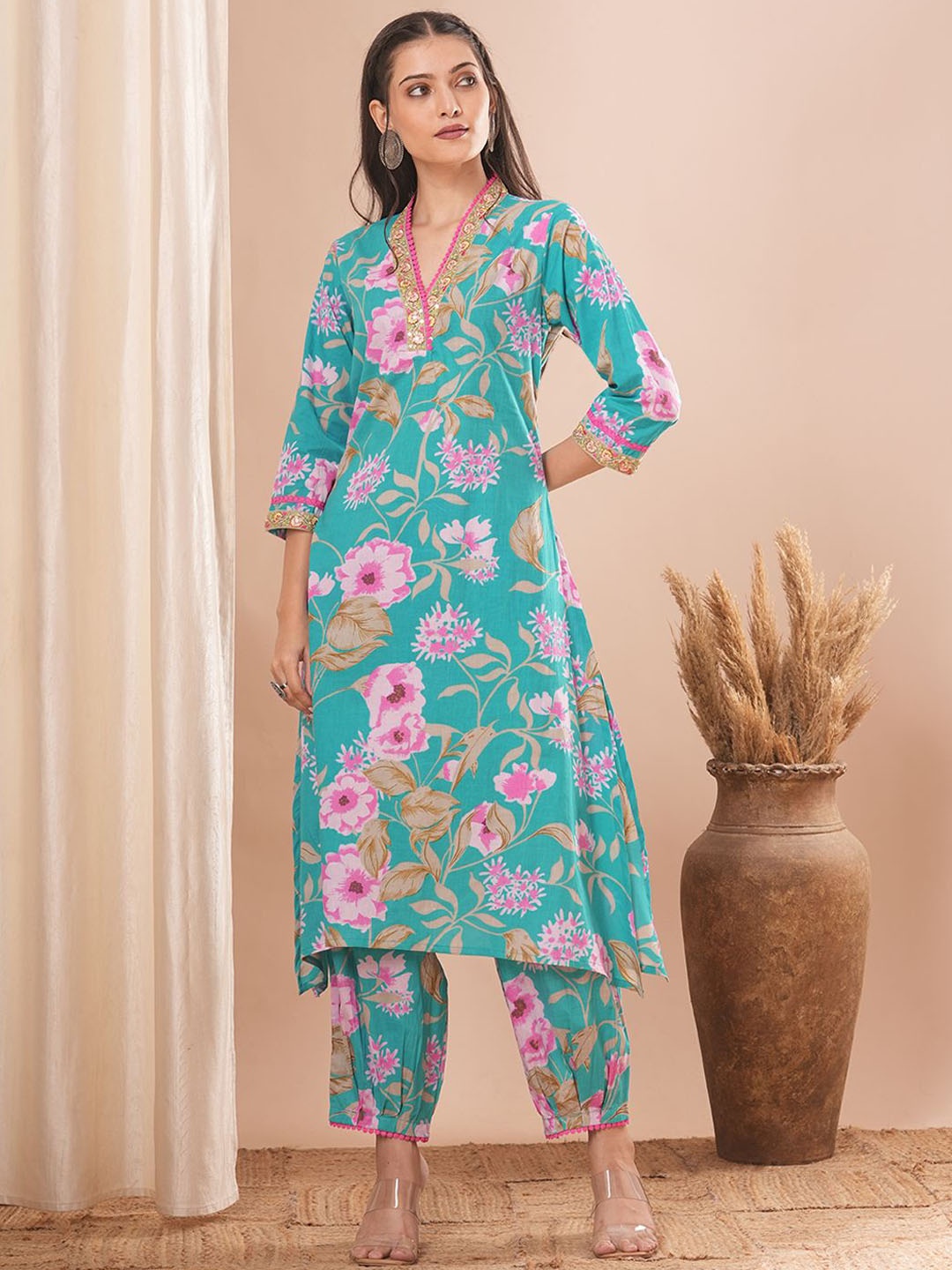 

FASHOR Printed Pure Cotton Top With Trousers Co-Ords, Turquoise blue