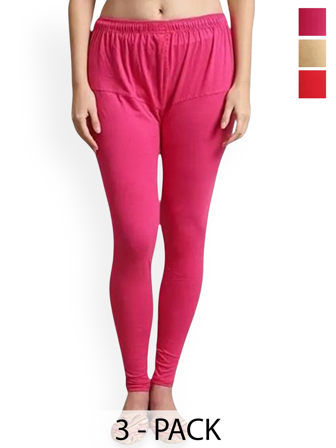 

URBAN KANYA Pack Of 3 Mid-Rise Churidar-Length Leggings, Red