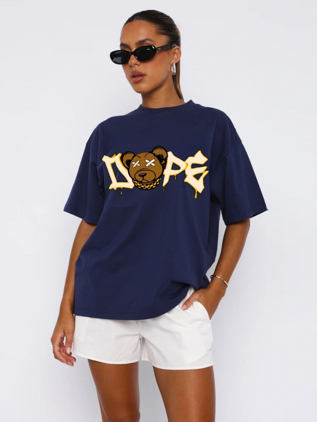 

RAYACLOSET Women Printed Applique T-shirt, Navy blue