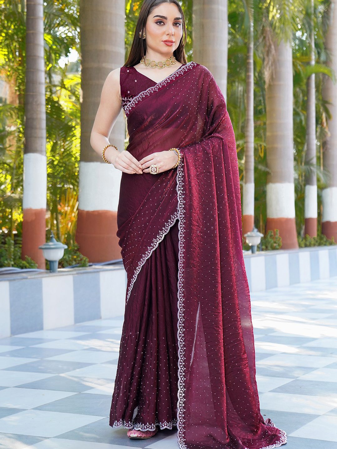 

A.V.M. SILK MILLS Embellished Beads and Stones Satin Heavy Work Saree, Maroon