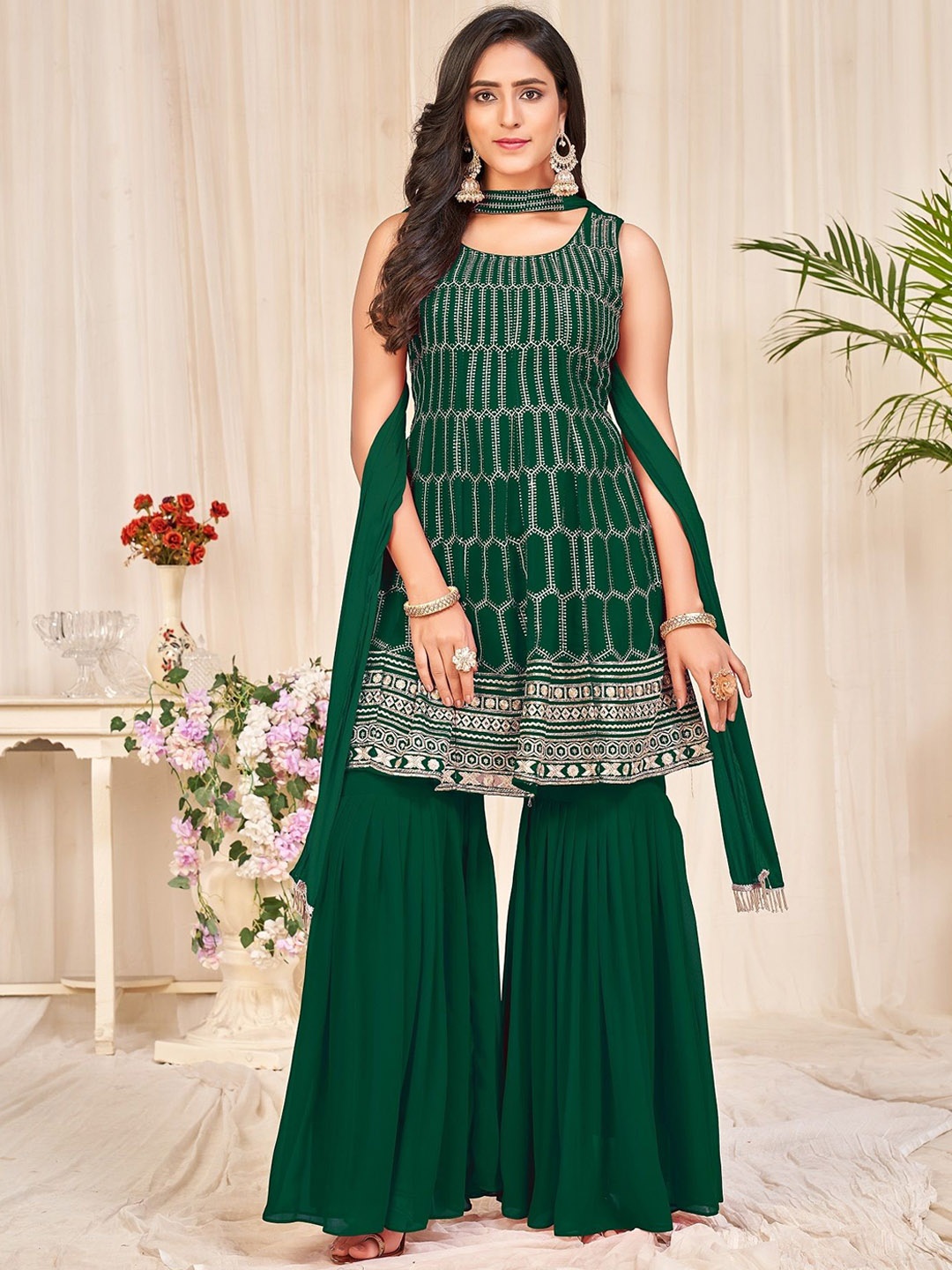 

Warthy Ent Embroidered Semi-Stitched Dress Material, Green