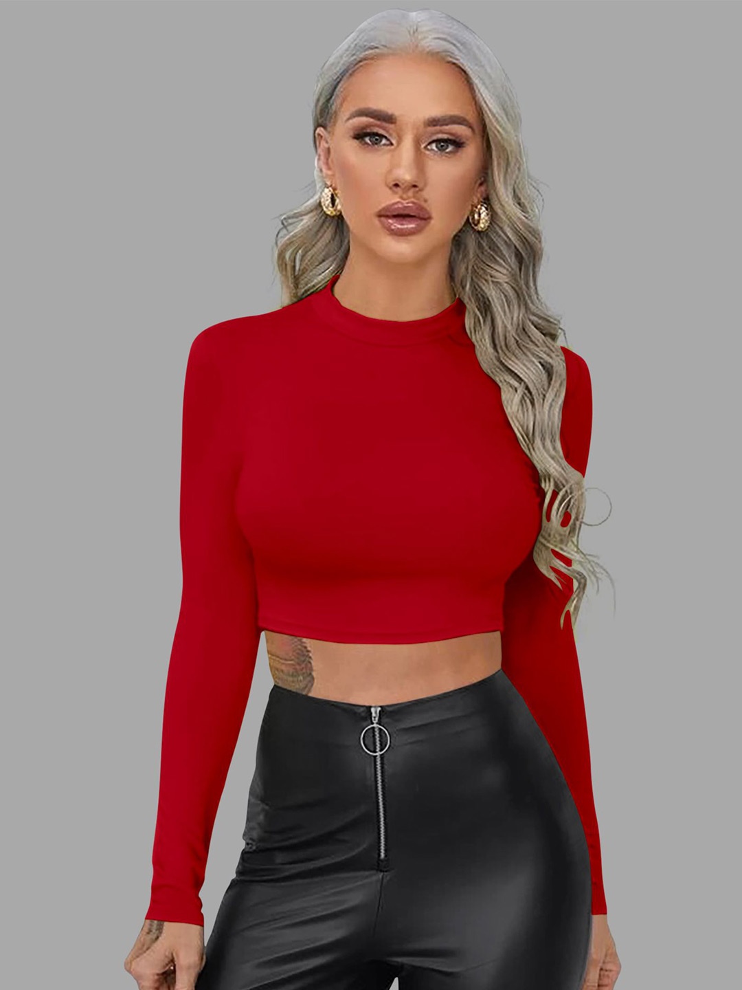 

Dream Beauty Fashion Women Round Neck Long Sleeves Crop Fitted Top, Red
