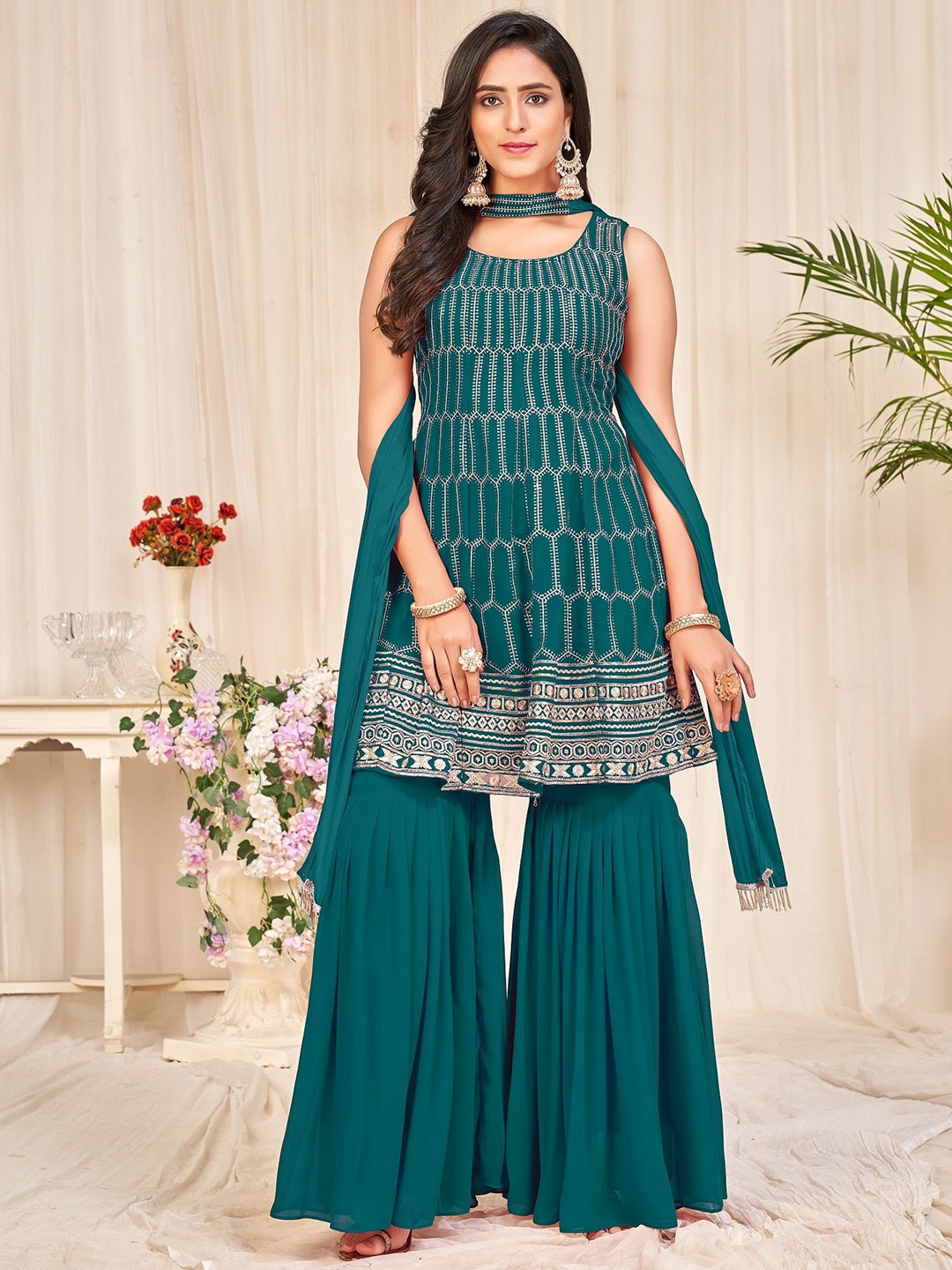 

Warthy Ent Embroidered Semi-Stitched Dress Material, Turquoise blue