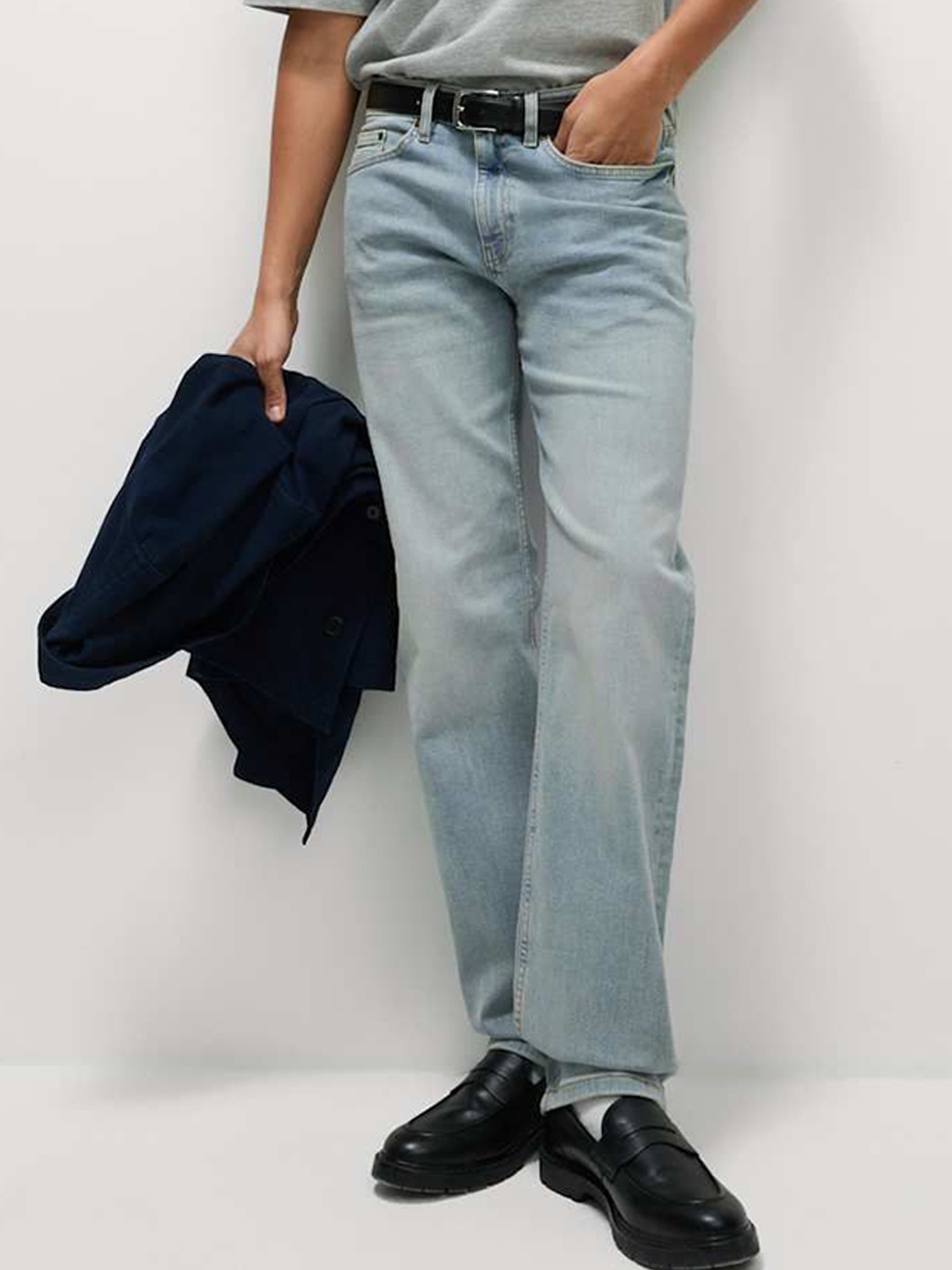 

Marks & Spencer Men Straight Fit High-Rise Slash Knee Light Fade Jeans, Blue