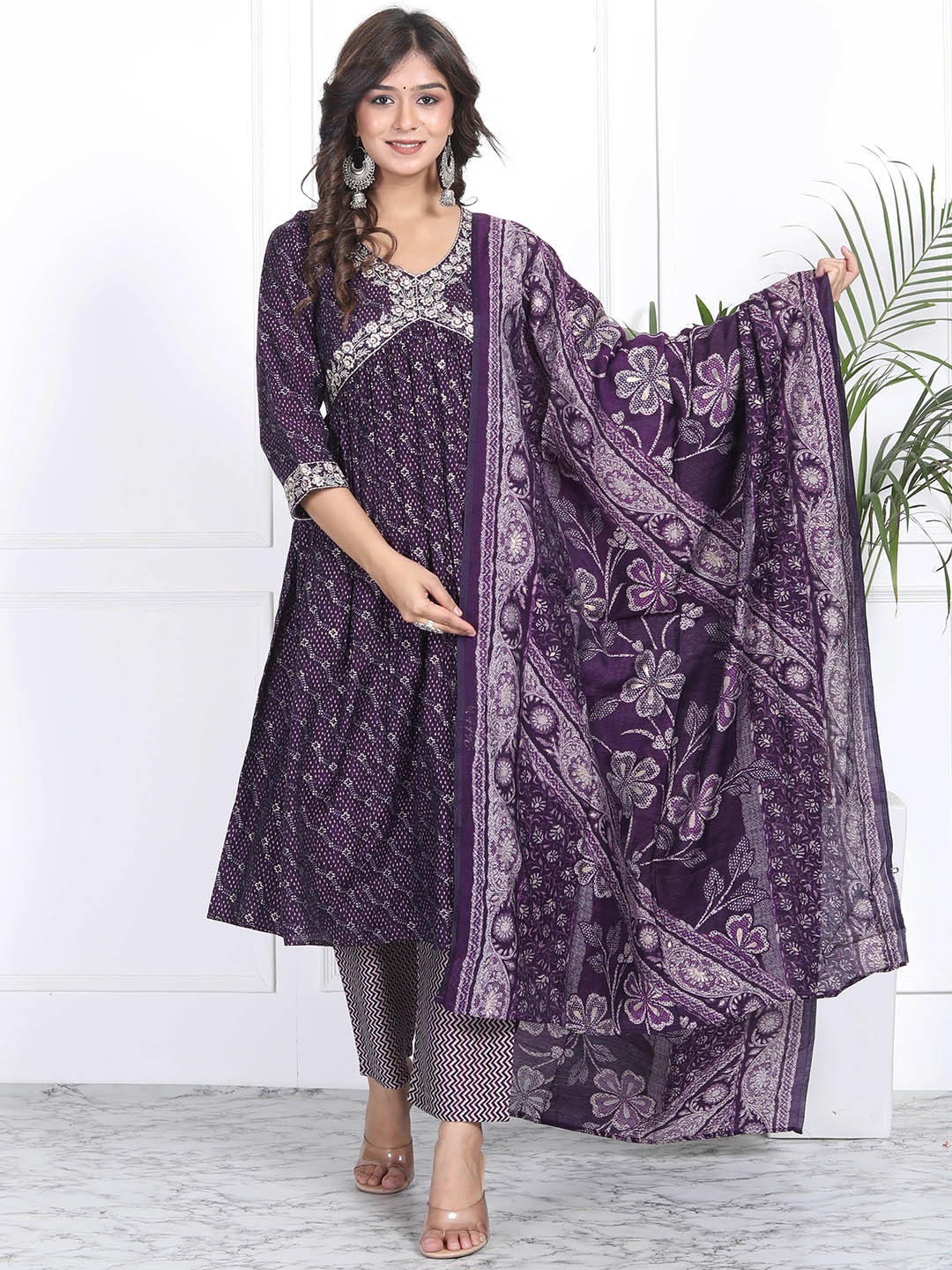 

h4u Women Ethnic Motifs Printed Regular Chanderi Silk Kurta with Trousers & With Dupatta, Purple