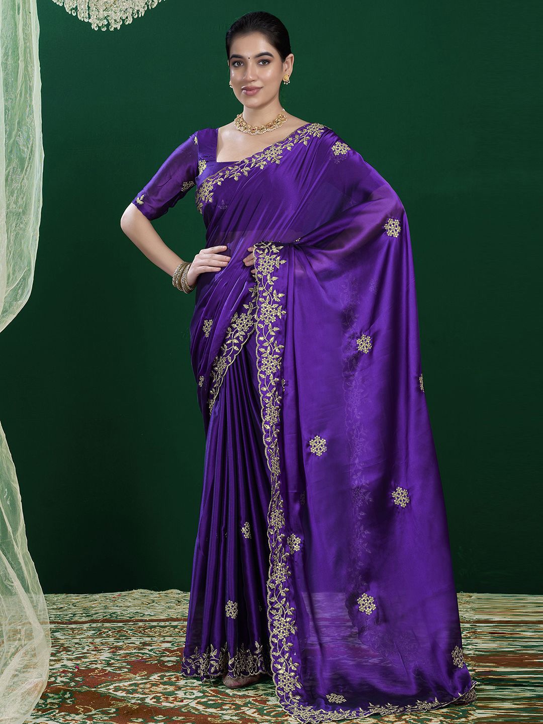 

all about you Floral Sequinned Pure Georgette Saree, Purple