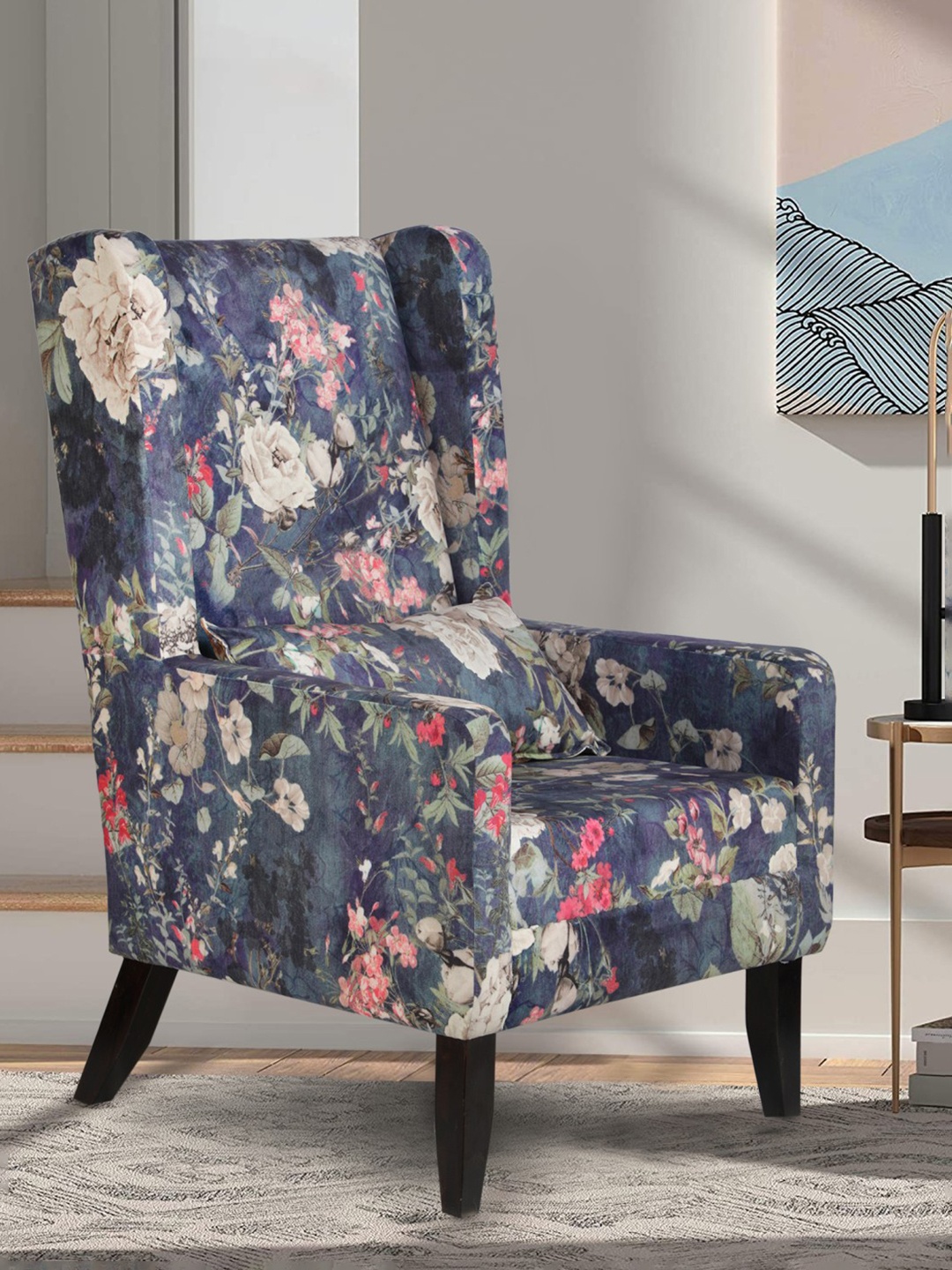 

GLOBALLY INDIAN Blue & Beige Printed Wingback Wooden Arm Lounge Chair