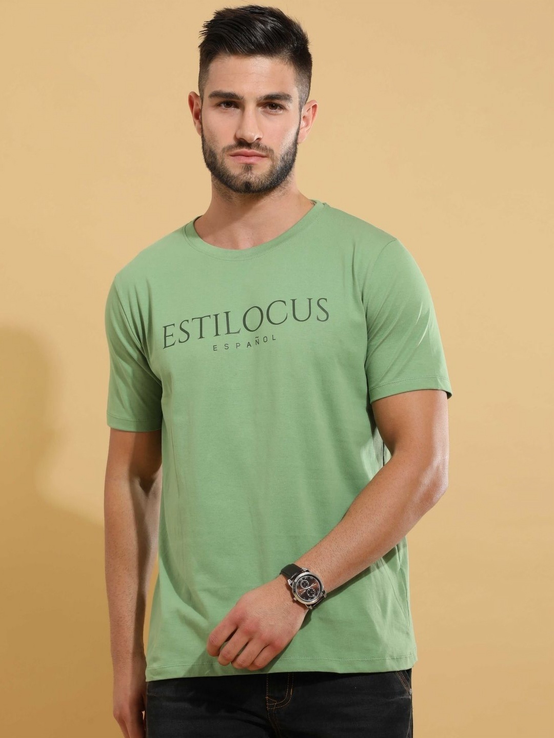 

Estilocus Men Typography Raw Edge T-shirt, Green